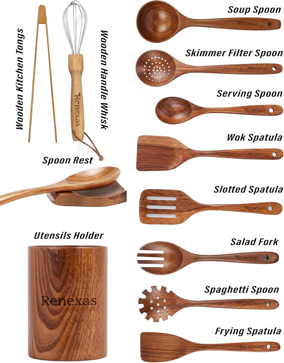 12 pcs wooden kitchen spoons utensil set Teak spoons for cooking Nonstick Comfortable Grip Wooden Utensil Set Spatulas & Spoons