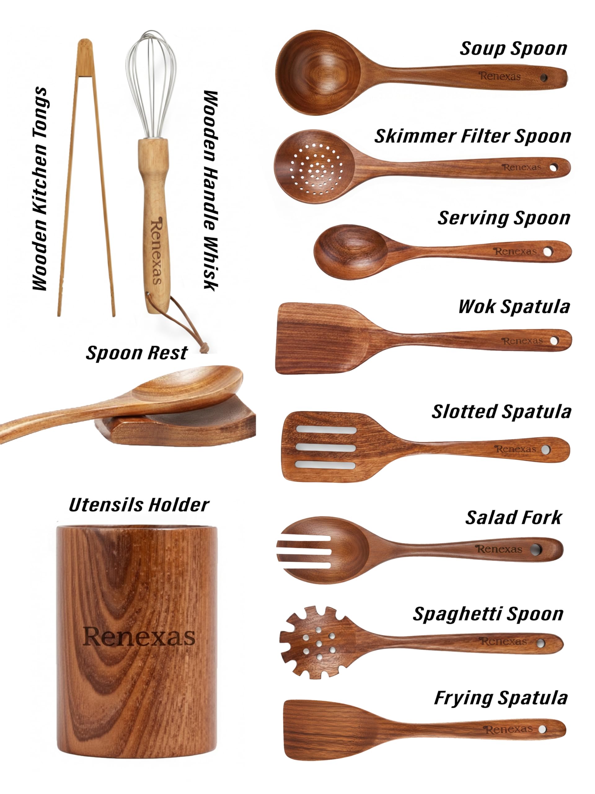 12 cucharas de madera para utensilios de cocina, cucharas de cocina de madera de teca natural con juego de espátulas antiadherentes, utensilios de cocina de bambú con soporte, juego de cucharas de