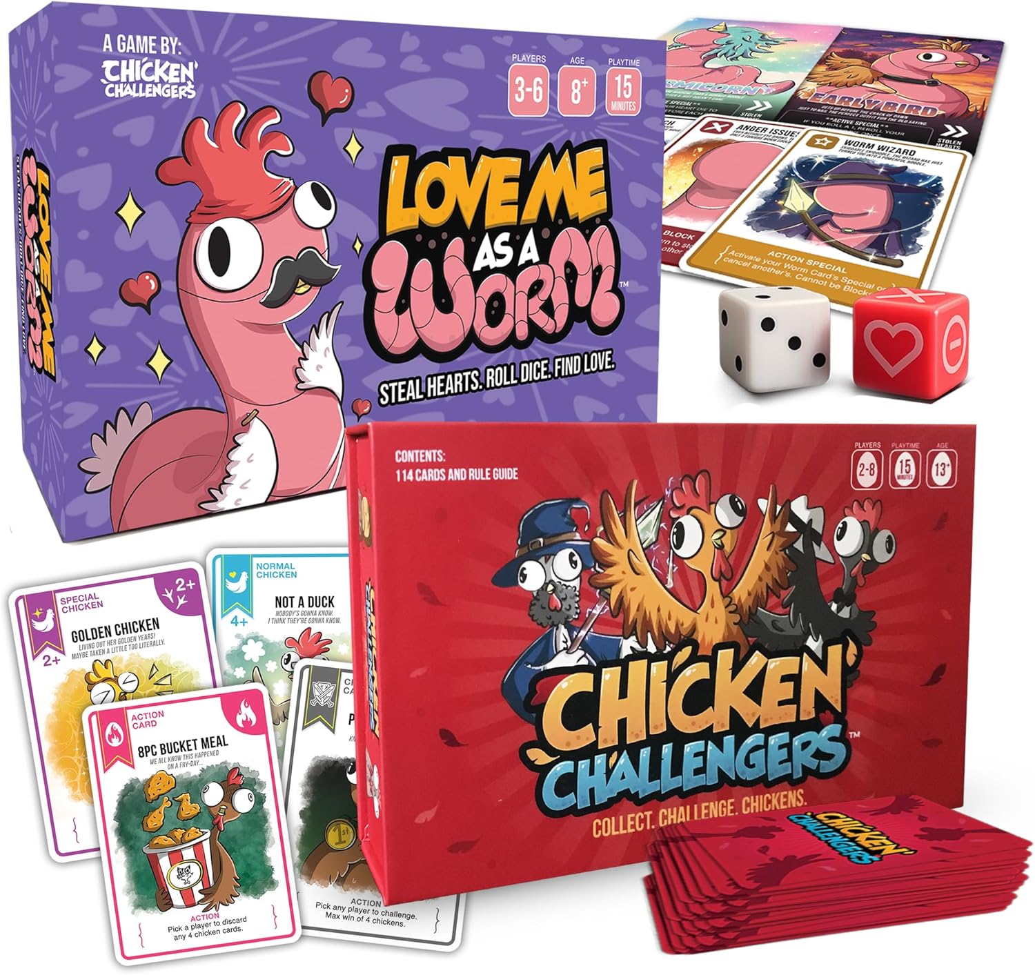 Chicken Challengers Love Me As a Worm x Card Game Bundle | Dice-Rolling & Strategy Party Games for 2–8 Players