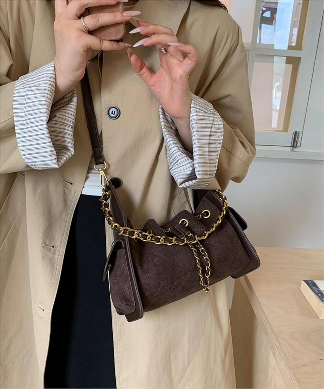 Y2k Chain Suede Shoulder Purse Vintage Crossbody Bag Women Trendy Handbags Fall Winter Casual Purse - Image 4