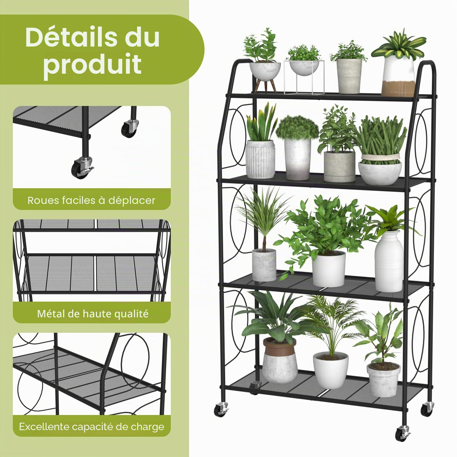 VyGrow Support de plantes à 4 niveaux avec roulettes, étagère pour plantes d'intérieur et d'extérieur, support de plantes haut en métal robuste pour salon, balcon et jardin, noir