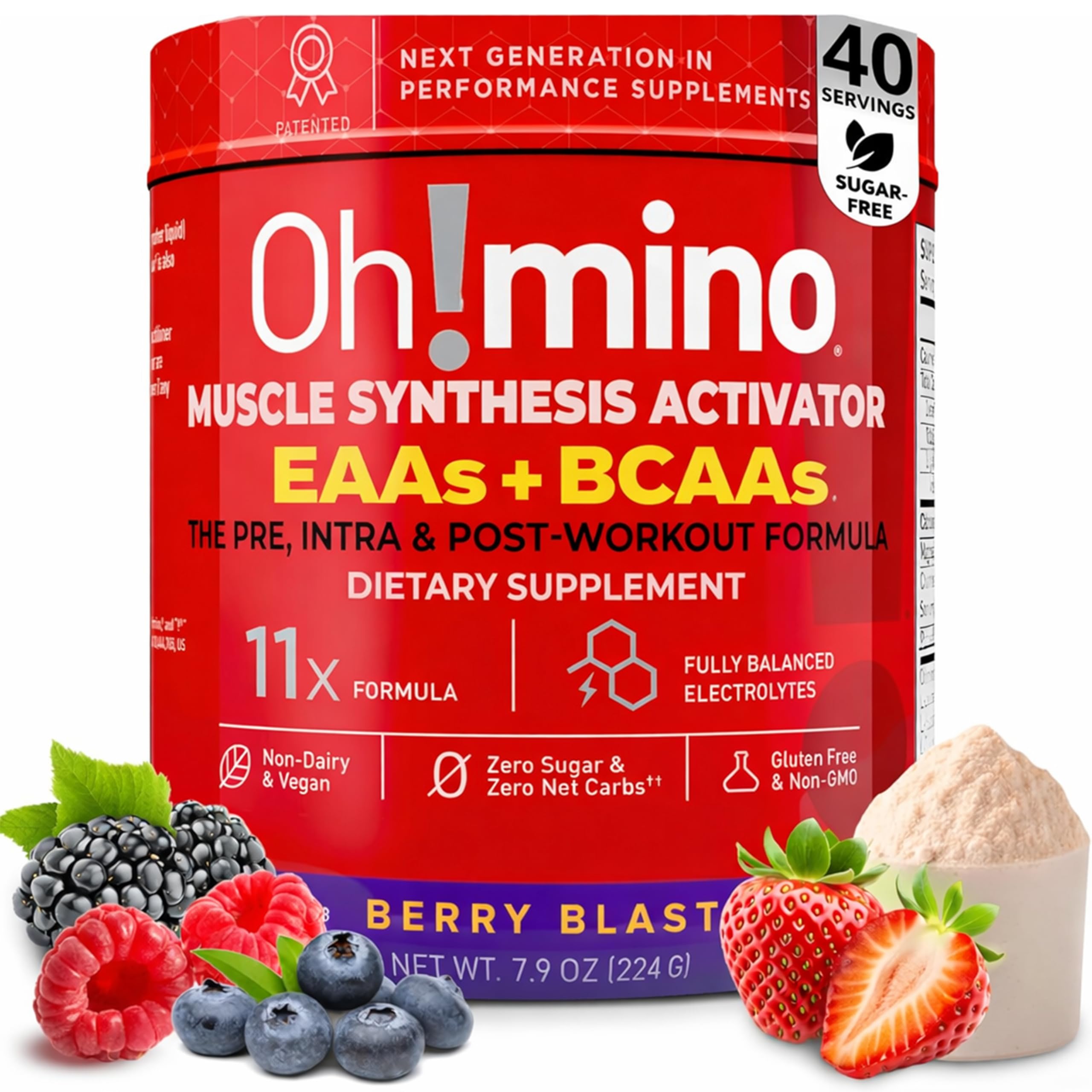 Oh!mino Essential Amino Acids Supplement Drink Powder, Berry Blast, Caffeinated Powder, All 9 EAAs, BCAAs and The Perfect Amino for Workouts, Amino Energy, and to Build Muscle, and Recover Faster