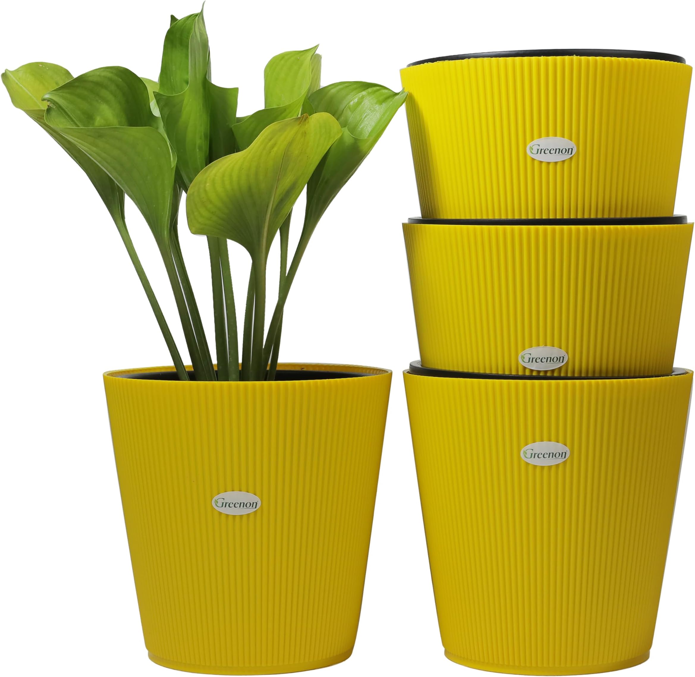 GREENON® 10 Inch Self Watering Plant Pot Set of 4 (8 Pots) | Yellow Outer & Black Inner Planters | Heavy Duty Virgin Plastic | UV Treated Gamla | Ideal for Indoor, Balcony & Home Garden