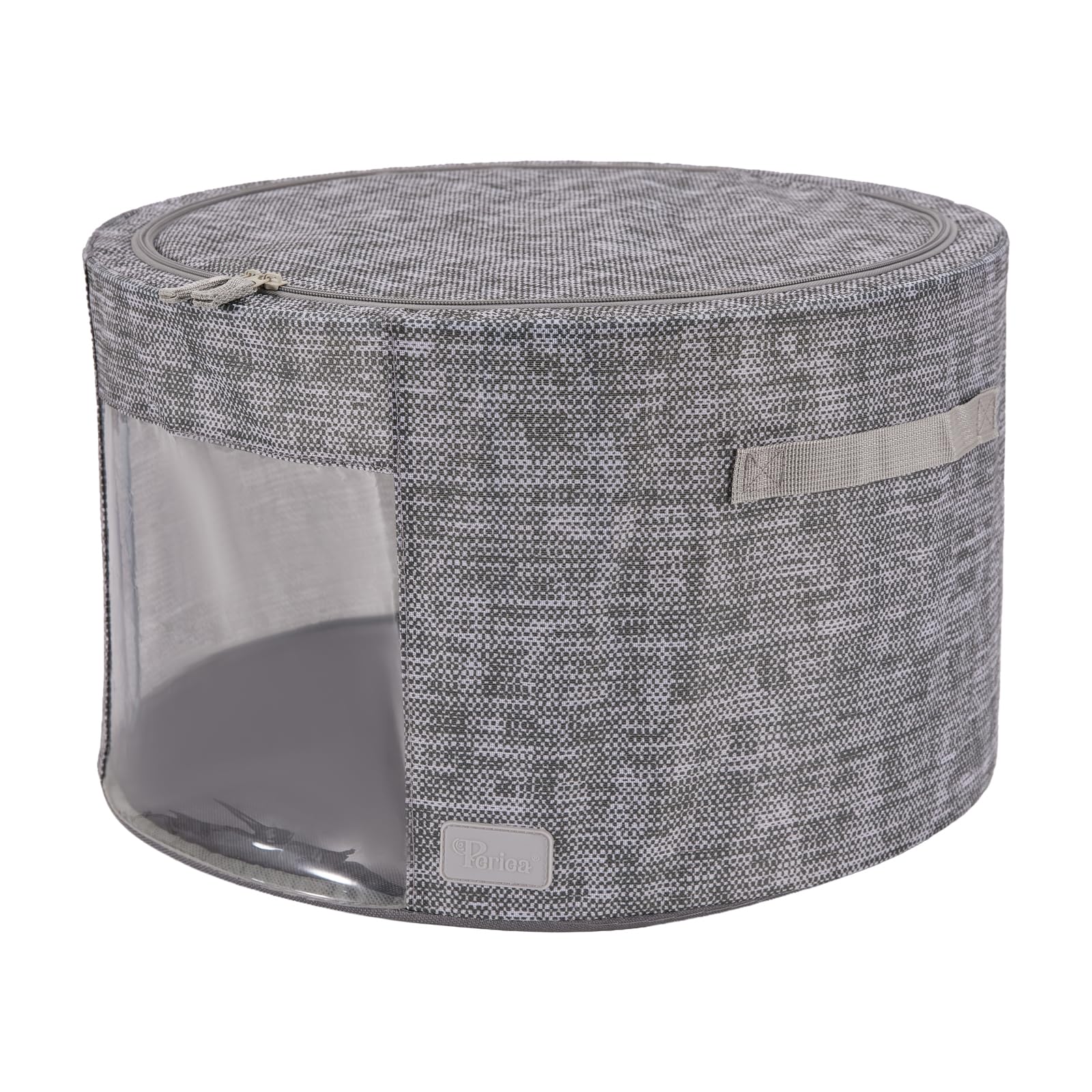 Periea 'Abby' Round Home Storage Boxes with Zip Lids, Front Window & Folding Steel Frame (Grey Tweed, Large)