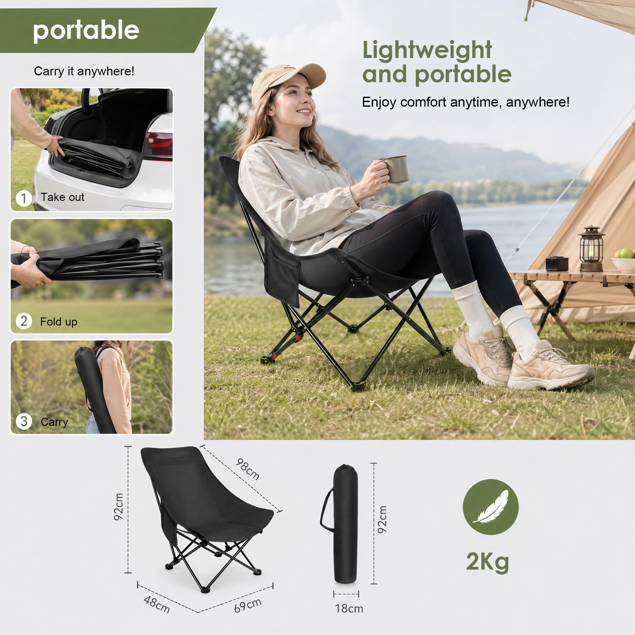 Chaise de camping à dossier haut, pliable, 150 kg, ultra légère, portable, avec 2 poches latérales, chaise pliante de camping, de pêche, avec sac de transport, chaise pliante pour camping, plage