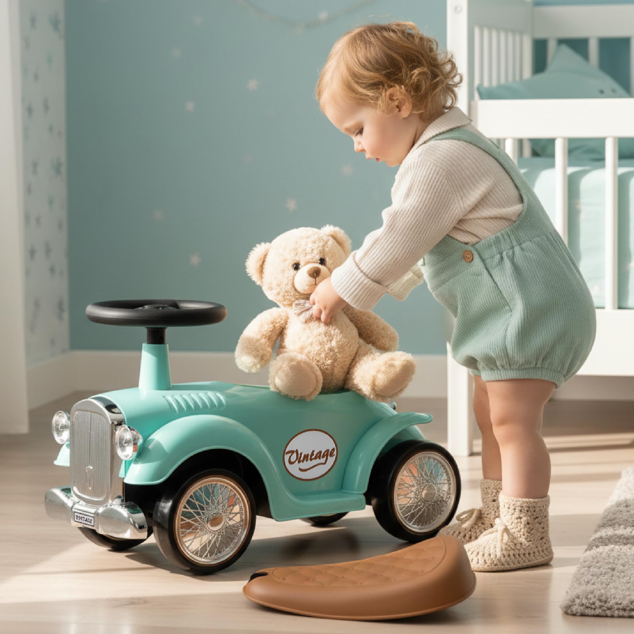 Macchinina bambino 1 anno Retro Classic, macchinina cavalcabile bambino, auto per bambini, aiuto per imparare a camminare con suoni, Volante con clacson (Turchese)