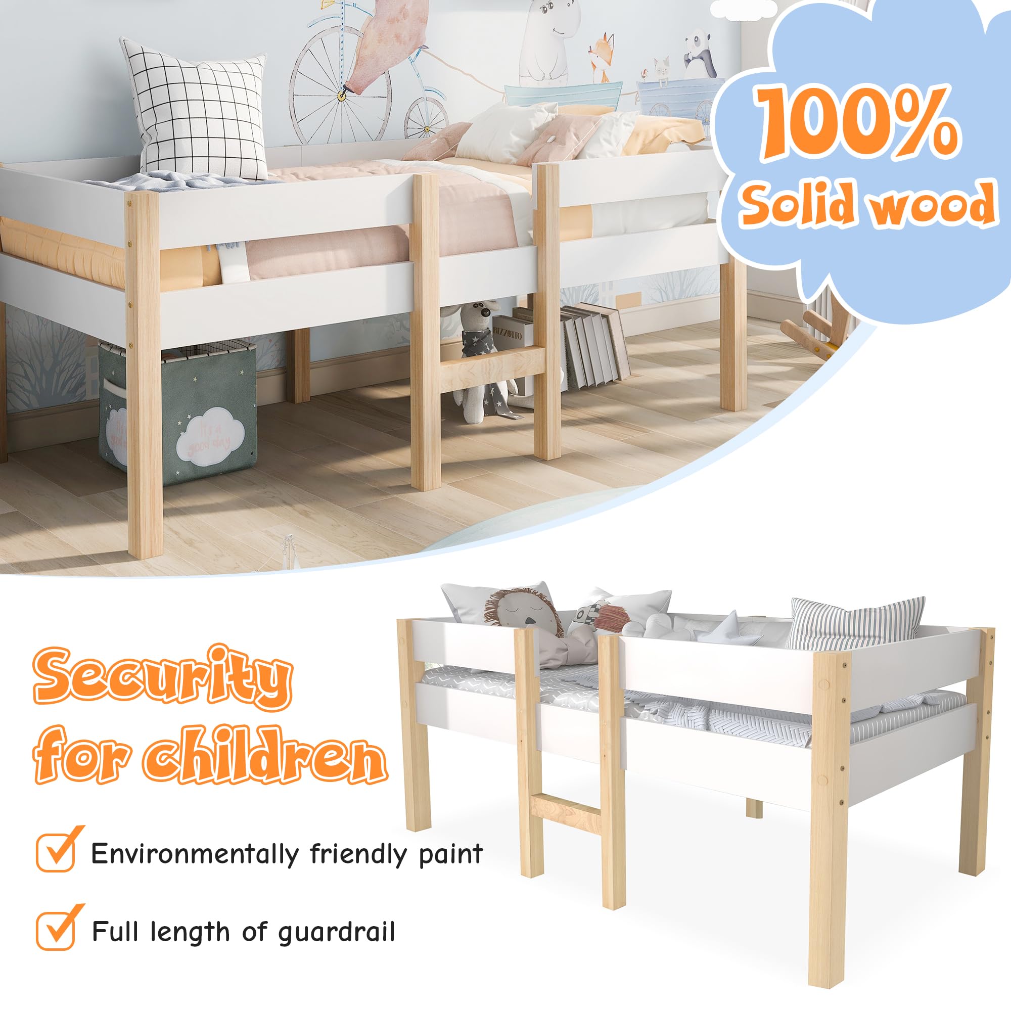 Bett Kinderbett mit Rausfallschutz, Kiefer-Vollholz-Weiß & Eiche (90 x 190 cm, Ohne Schublade)