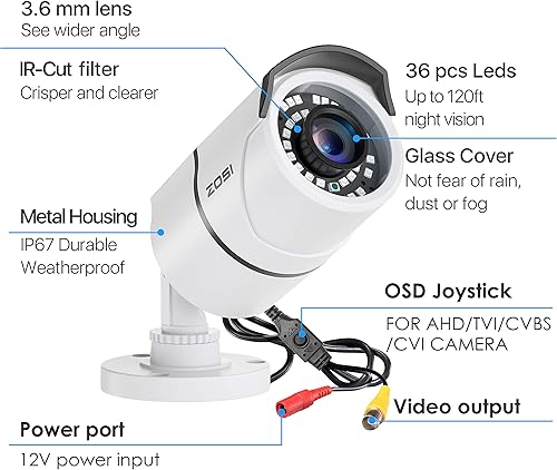 Miniatura 8 de ZOSI Paquete de 2 cámaras de seguridad de 1080p para exteriores (híbrida 4 en 1 HD-CVITVIAHD960H CVBS analógica), 36 LED, visión nocturna IR de 120