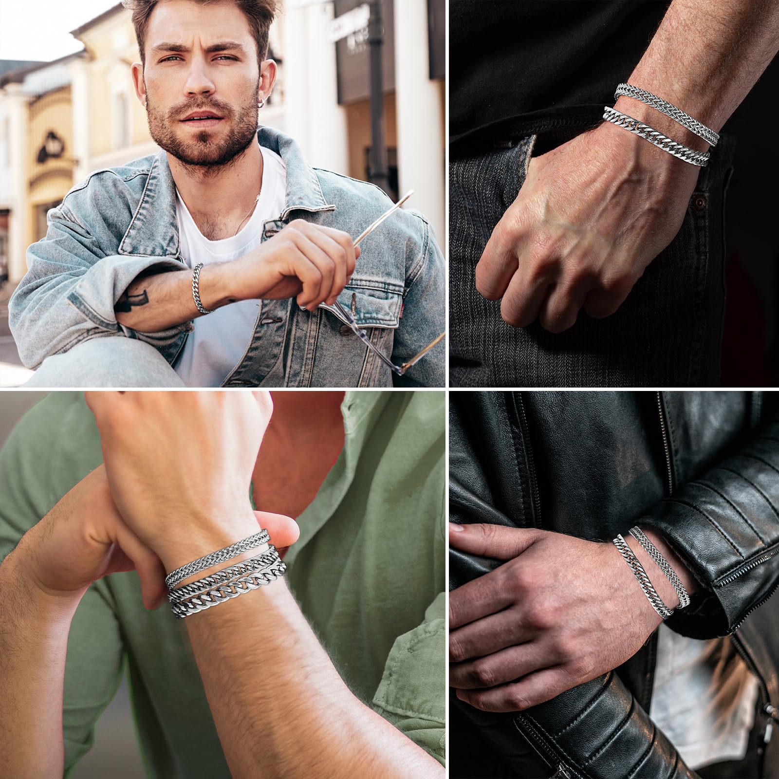 Esmoly 4 Pezzi Bracciale Uomo Argento Oro Nero Braccialetto Uomo 316L Acciaio Inossidabile Catena Cubana Regalo Uomo Ragazzo 19CM/21CM/23CM