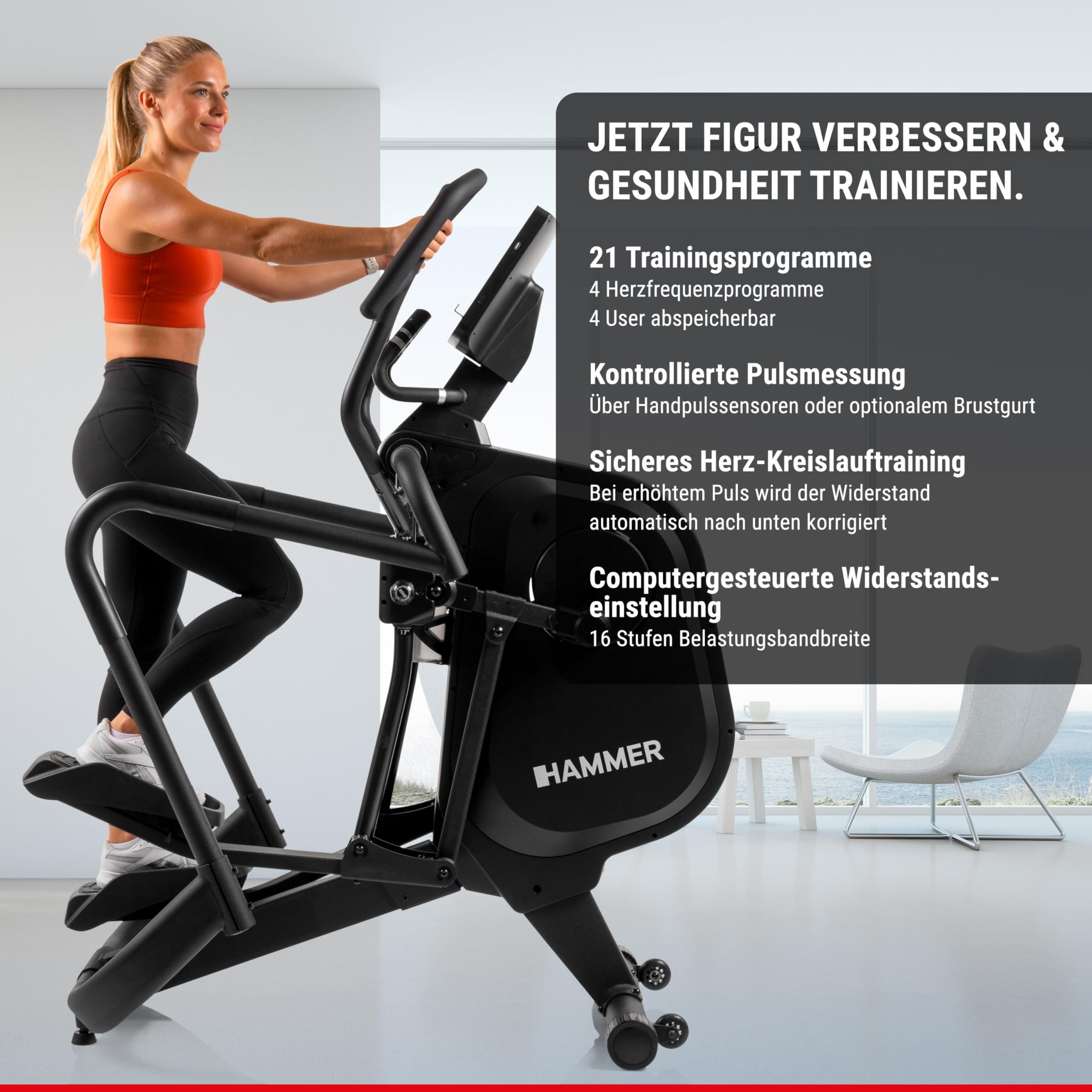 HAMMER Finnlo Ellipsentrainer Fly RX – 21 Programme, Kinomap kompatibel - Trainingsgeräte für Zuhause mit 12 kg Schwungmasse, Frei schwingende Trittflächen, 10" TFT-Touchscreen