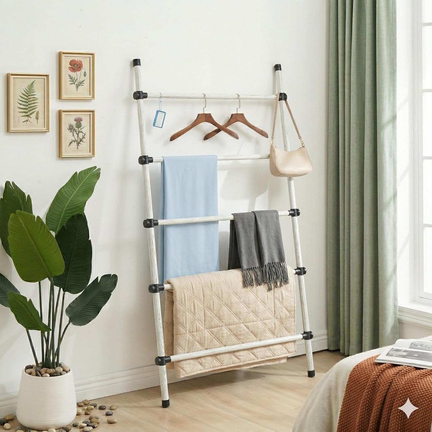 SIBRAD Expandable Blanket Ladder for Living Room, Adjustable Width (17.3"-32.3") Tall Metal Quilt Rack Wall Leaning, Rustic White Wood Grain 5-Tier Towel Blanket Holder, Heavy Duty 45 Lbs Capacity