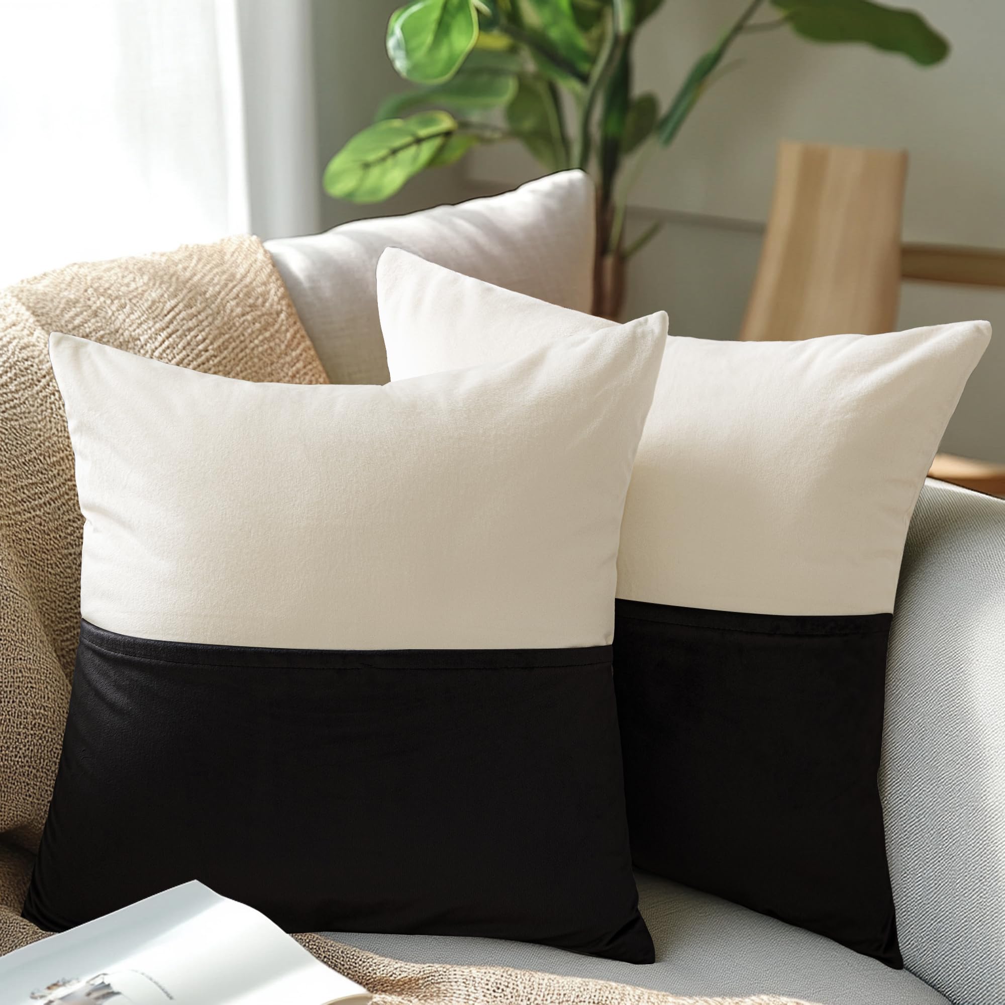 XWZO Velvet Throw Pillow Covers Decorative 18x18 Inch Pillow Covers, Soft Beige Black Pillowcases for Couch, Square Accent Pocket Design Cushion