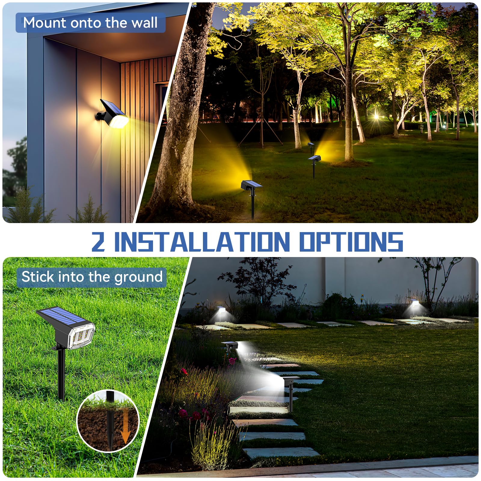 EVARY 4Pezzi Faretti Solari da Esterno,3 in 1 Proiettore da Giardino Impermeabile IP65, 3000K/4500K/6500K 63 LED Lampade da Giardino 3 Modalità Per Cortile,Recinzione,Sentiero,Giardino,Vialetto