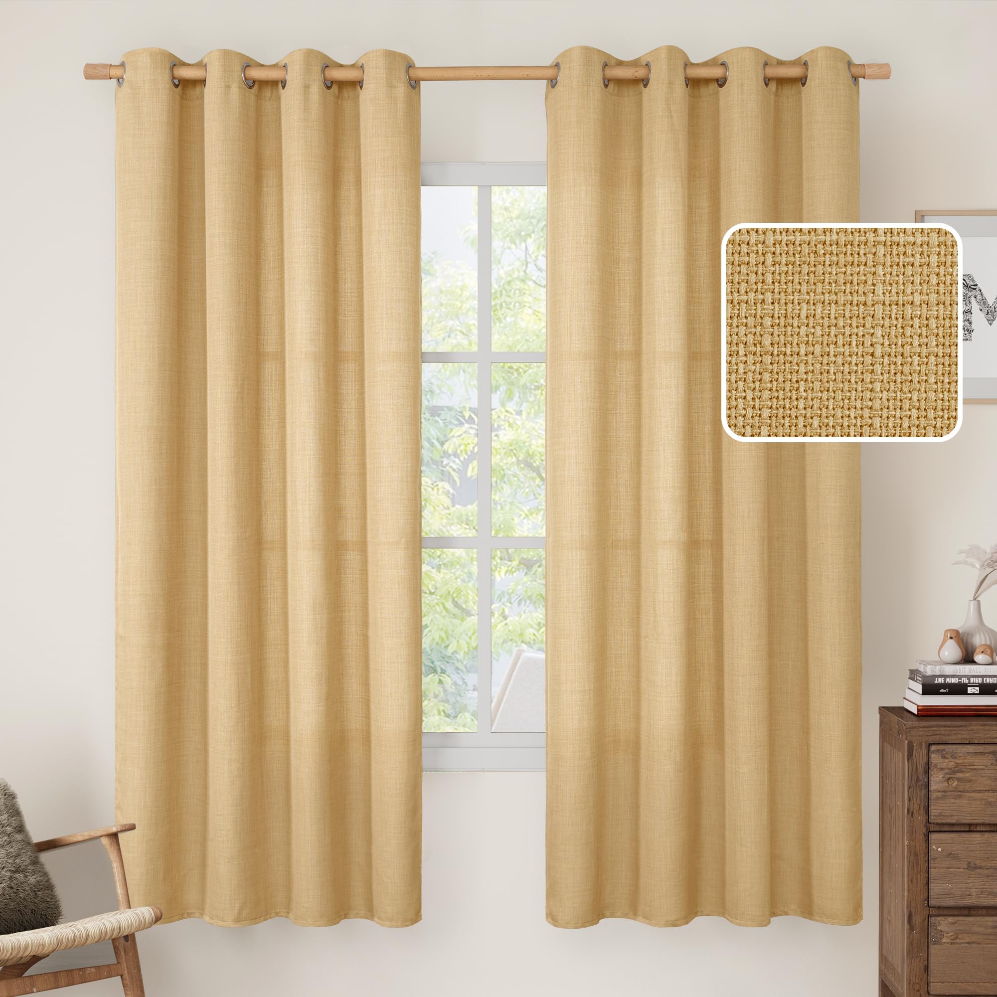 LAMIT 72 inch Long Linen Curtains for Bedroom 2 Panels, Caramel Brown
