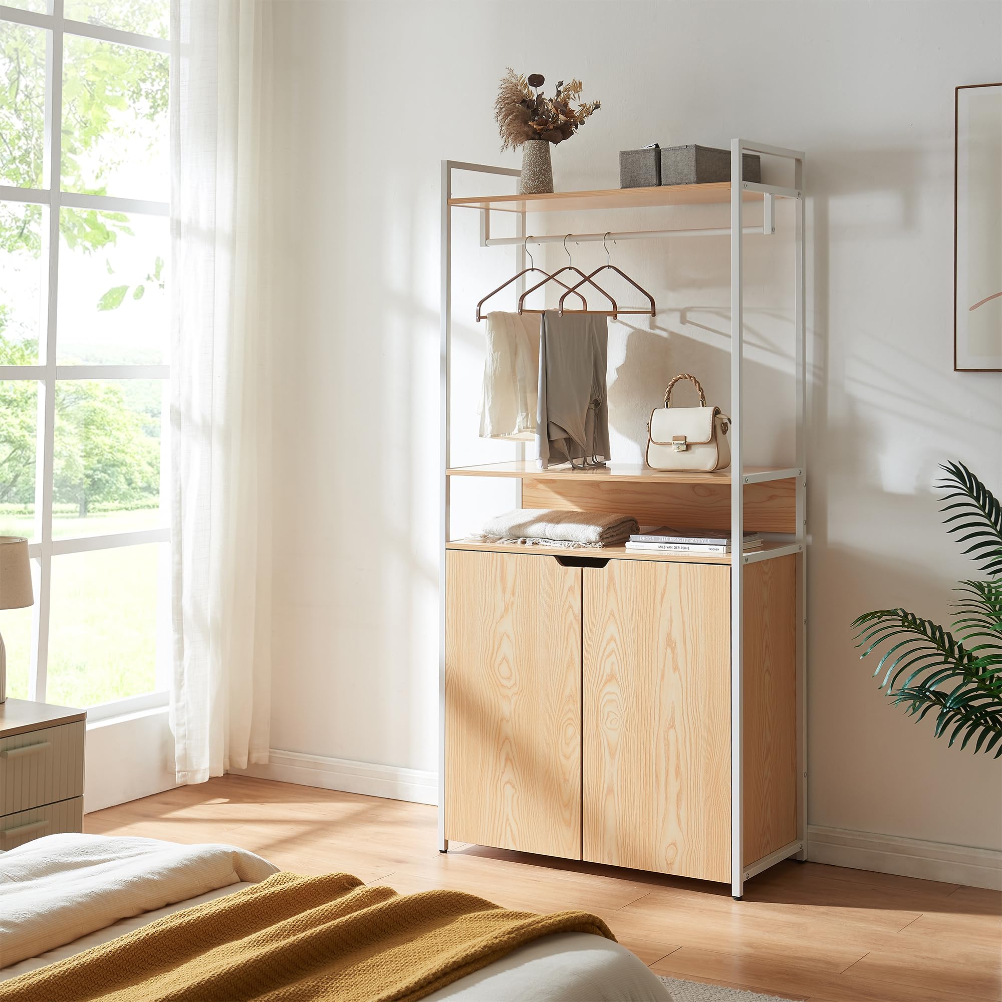 [en.casa] Perchero Burro Larem de Estructura Metálica con Barra y Estante Superior Burro Ropa con 1 Compartimento Abierto y 3 Cerrados Armario para Entrada 180 x 84 x 40 cm - Efecto roble