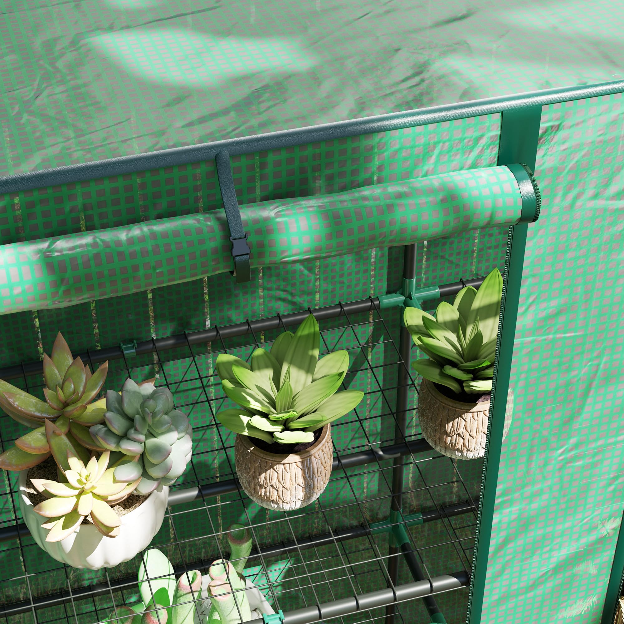 Outsunny Serre de Jardin PE avec Étagères 3 Niveaux 144 x 48 x 152 cm Vert | Serre de Balcon, Bâche Renforcée 140 g/m², Châssis en Acier, 2 Portes Zippées Enroulables, pour Légumes Plantes Fleurs