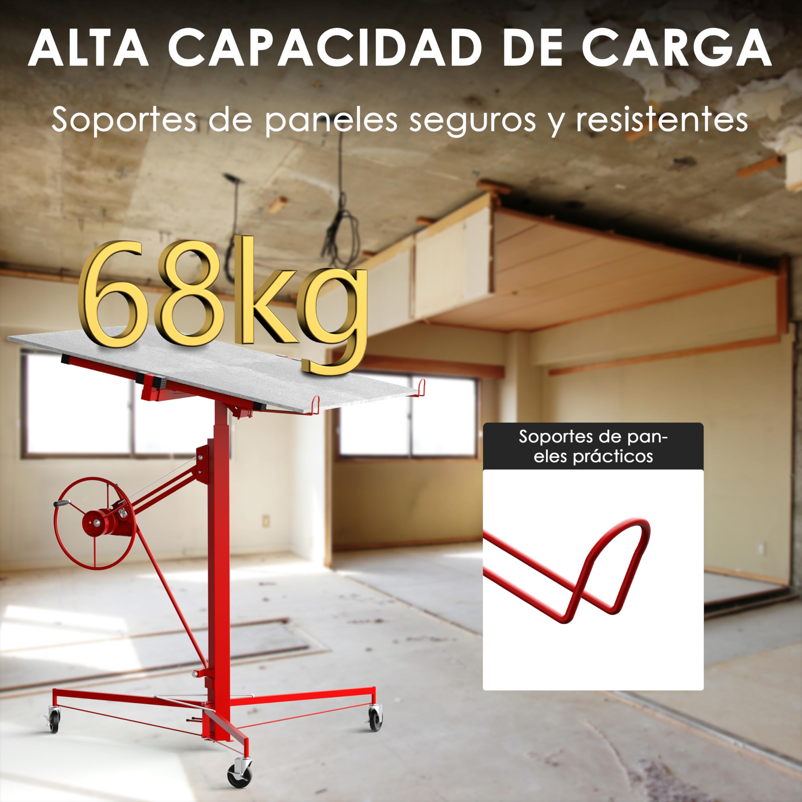 TEENO Elevador Placas de Yeso Profesional, Plataforma Elevadora Pladur, Altura 140-325 cm, Carga 68 kg, Rojo