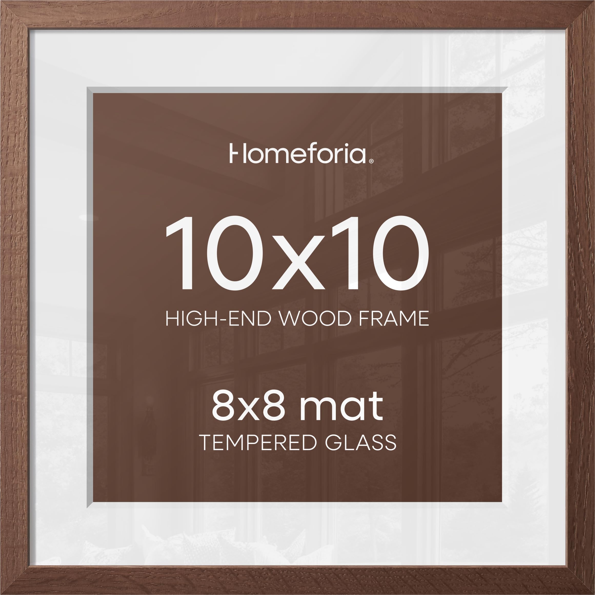 Homeforia 10x10 Brown Oak Picture Frame, High-End Wood, 8x8 Mat, Glass | High End Solid Oak Wood, Tempered Glass, Acid-Free 8x8 Removable Mat, 10x10 Edge-to-Edge Display 10x10, Wall Kit, Set Of 1