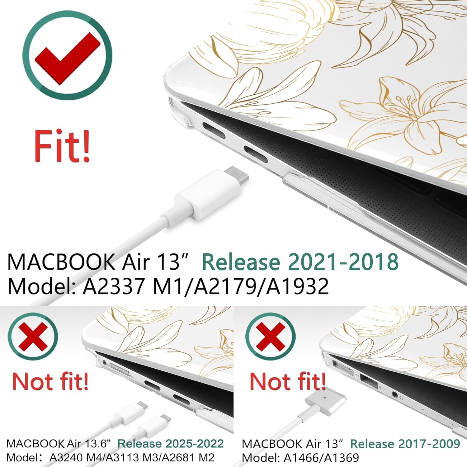 DONGKE Compatible with MacBook Air 13 inch Case 2021 2020 2019 2018 Release A2337 M1 A2179 A1932 with Retina Display Touch ID, Plastic Hard Shell & Keyboard Cover - Golden Florals - Image 3