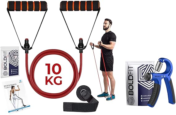 Boldfit Resistance Tube with Foam Handles, Door Anchor for Exercise -10kg-Red & Boldfit Adjustable Hand Grip Strengthener (40 Kg) Blue