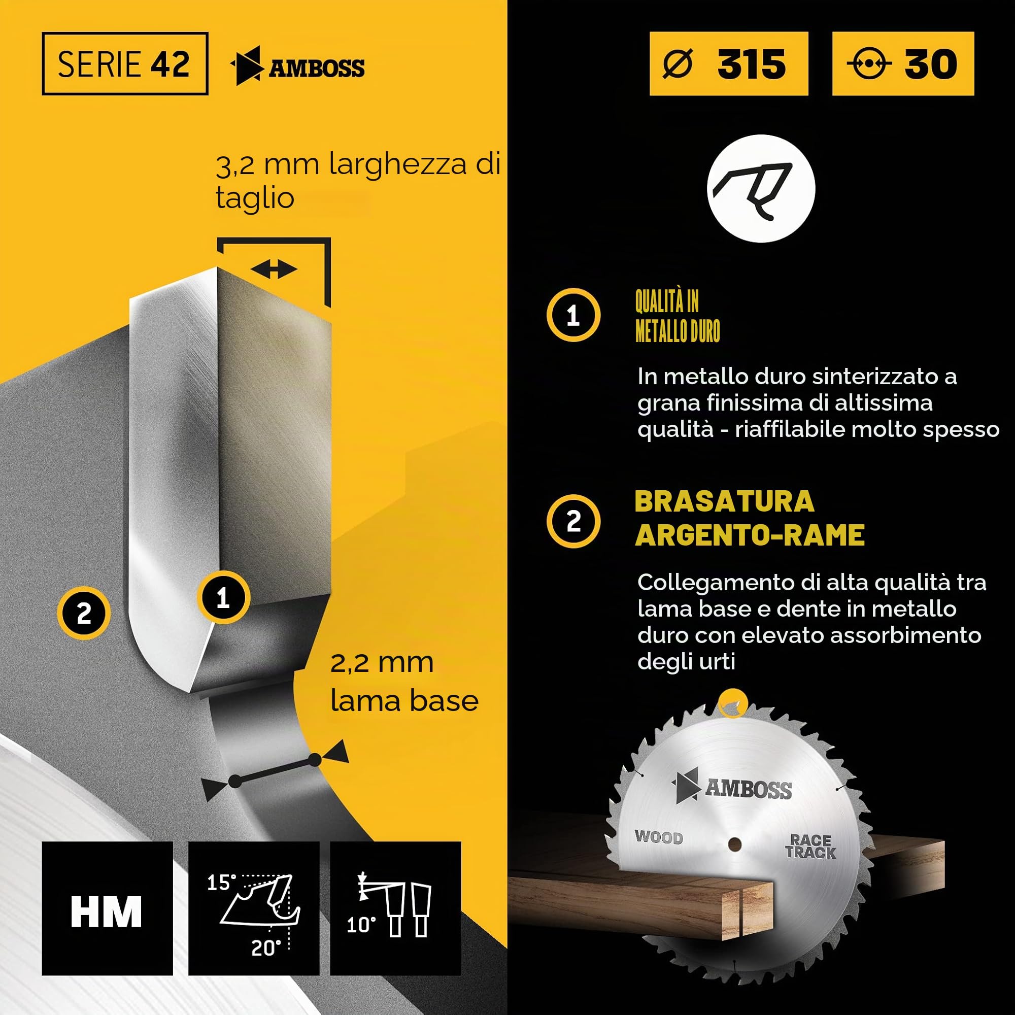 Amboss HM, lama per sega circolare, Ø 315 mm x 3,2 mm x 30 mm, dente del cambio (28 denti), taglio rapido per legna da ardere e legno