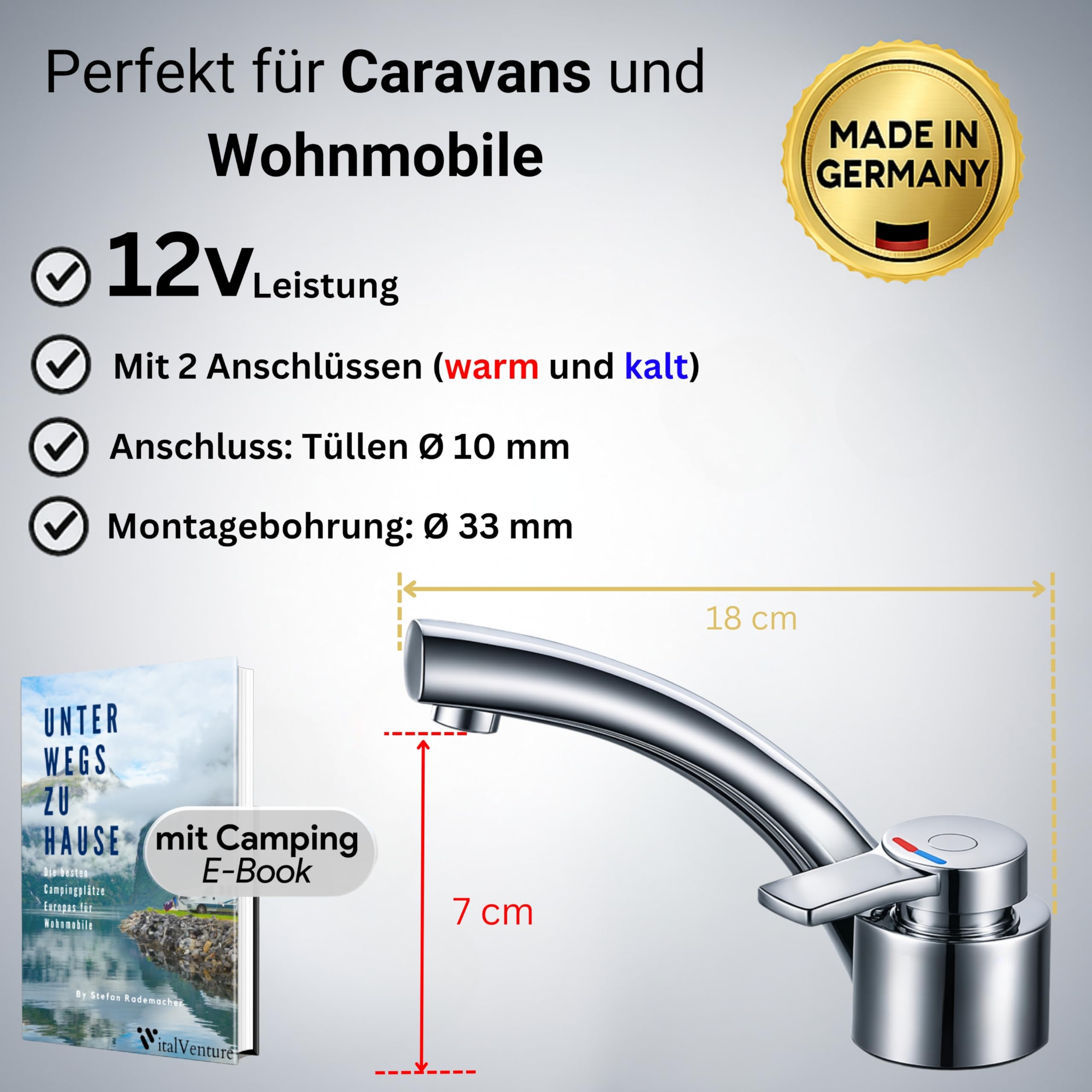 Comet Florenz Rubinetto miscelatore monocomando compatto cromato pieghevole micro interruttore design leggero campeggio caravan 12 V camper caravan barca camper