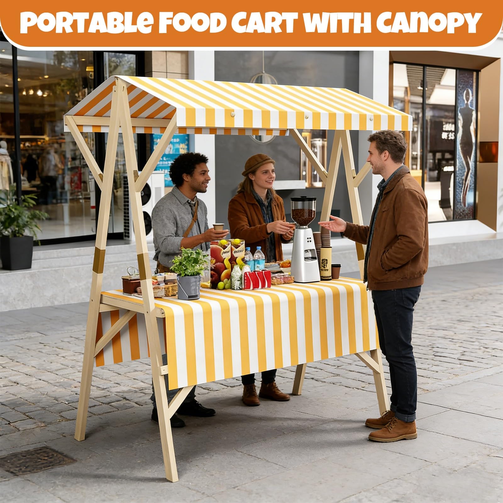 HARELA Marktstand Imbisswagen Marktstand-Display Aus Holz, Verkaufsstandwagen, Süßigkeiten/Eis-Verkaufsstand mit Markise, Faltbare Bauernmarktstände for Straßen/Bauernmärkte(Orange A,120cm/47.2in)