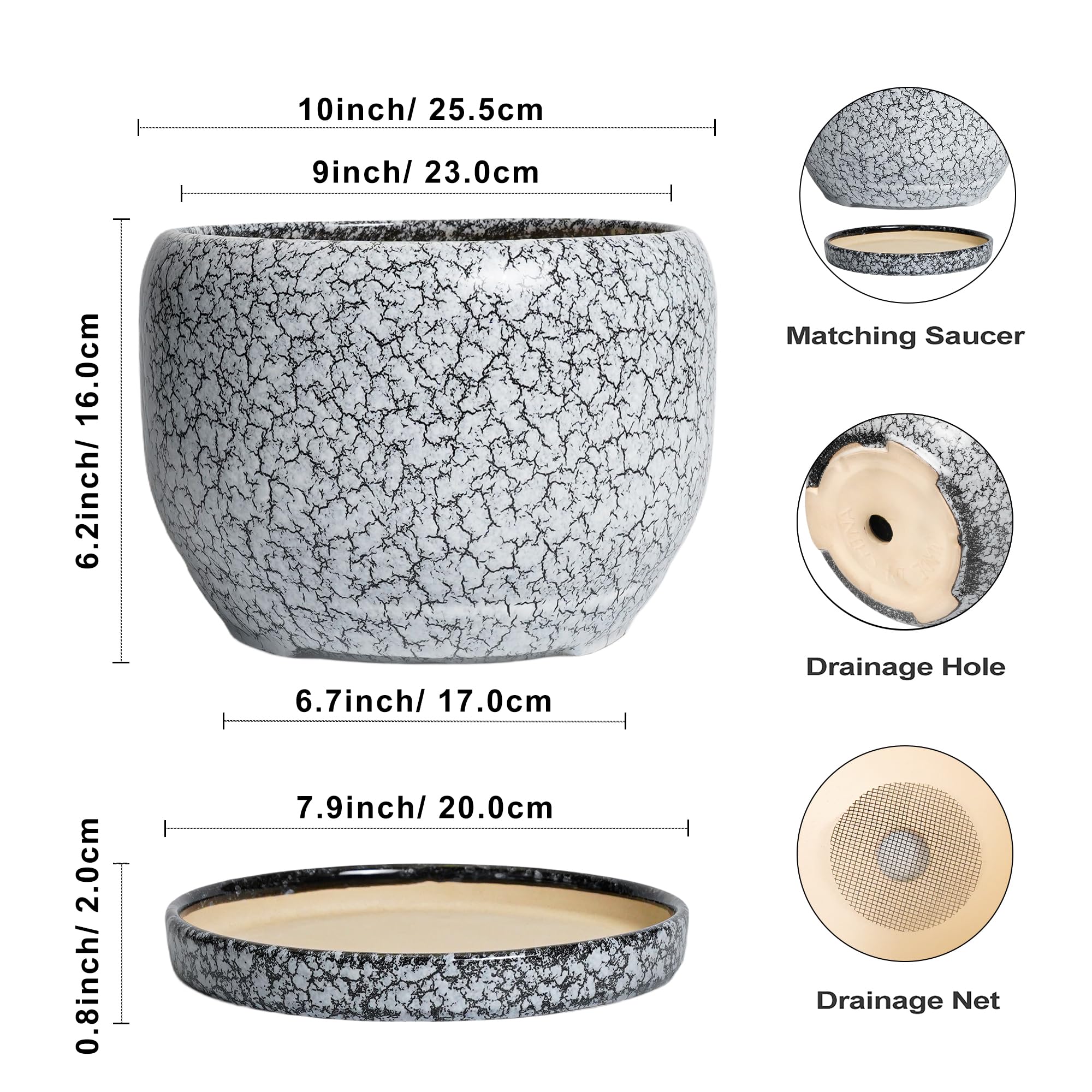 SQOWL Keramik-Pflanzgefäße – 25,4 cm Keramik-Blumentopf mit Ablaufloch und Untersetzer, dekorativer Blumentopf für den Innenbereich, runder großer Übertopf für den Außenbereich, Badezimmer-Dekor