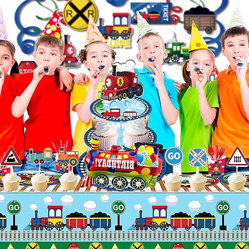Miniatura 4 de Decoraciones de cumpleaños de tren, decoración de pastel de tren, manteles de vehículos, pancarta de cumpleaños para tren, suministros de fiesta de