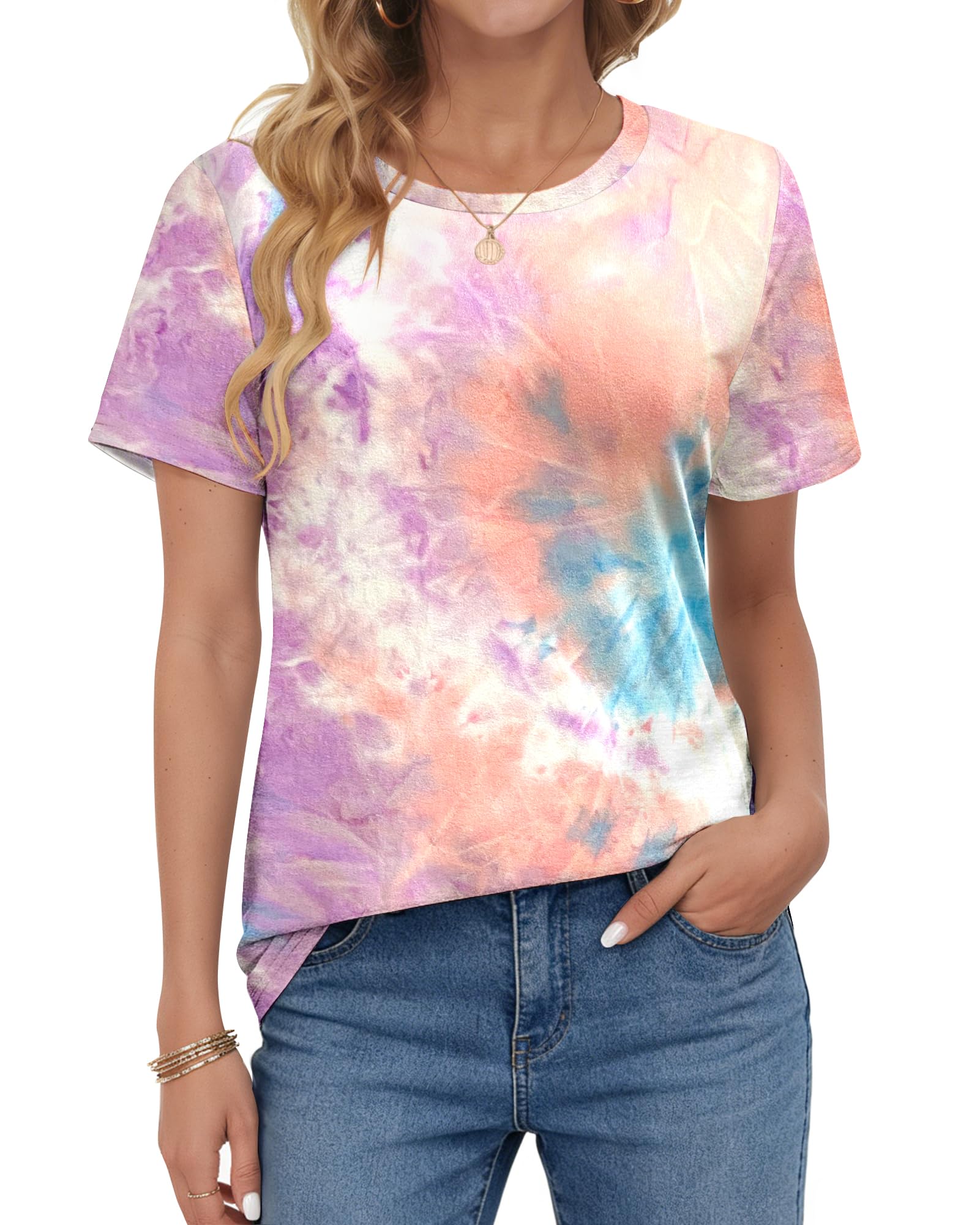WNEEDU Tshirt Damen Sommer Kurzarm T-Shirt Rundhals Tops Oberteile lässig Bluse Blauviolett-orange gefärbt 2XL