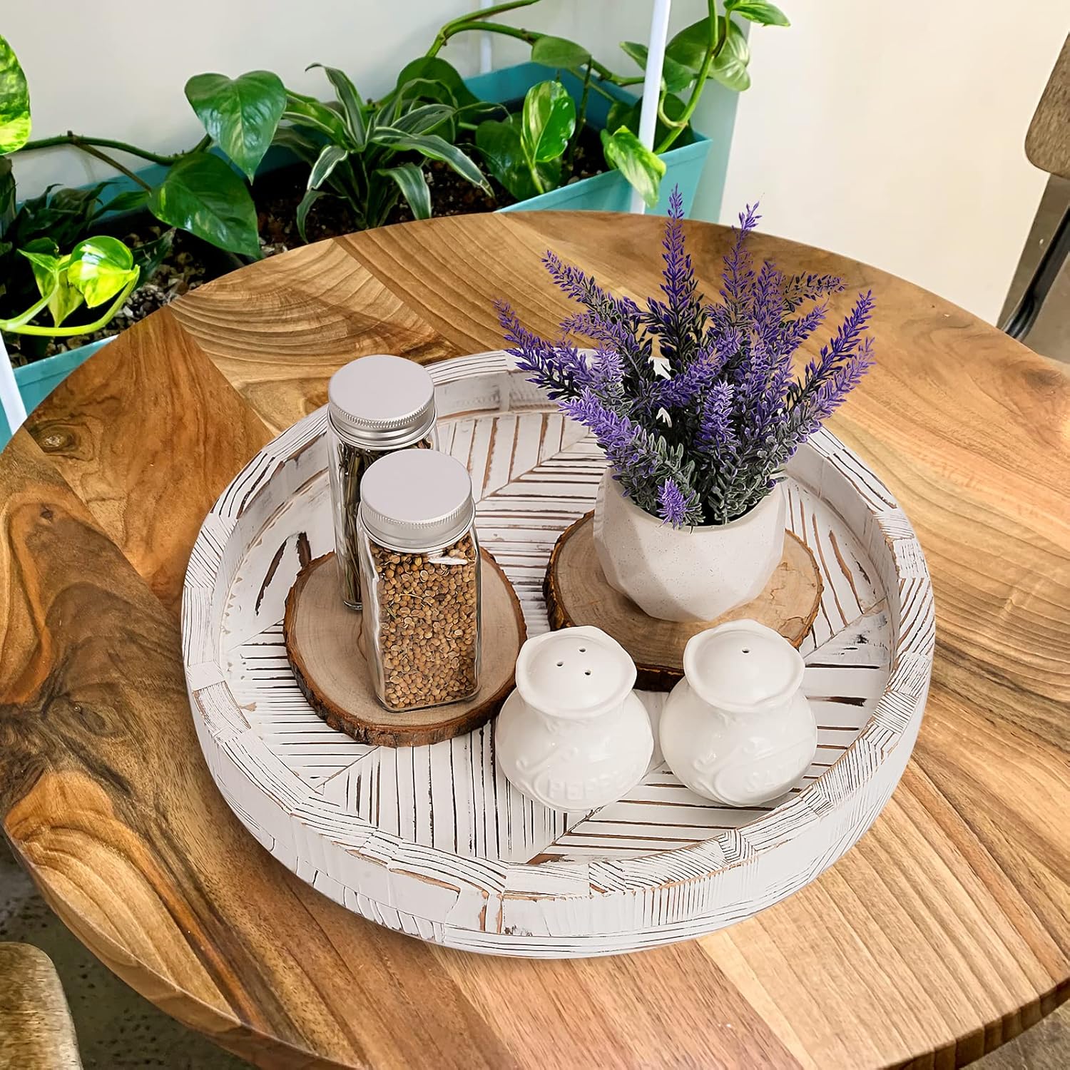 12 Inch Rustic Farmhouse Wood Lazy Susan Turntable for Table, Tomoaza White Herringbone Decorative Turntable Tray, Dining Table Centerpiece and Cabinet Organizer