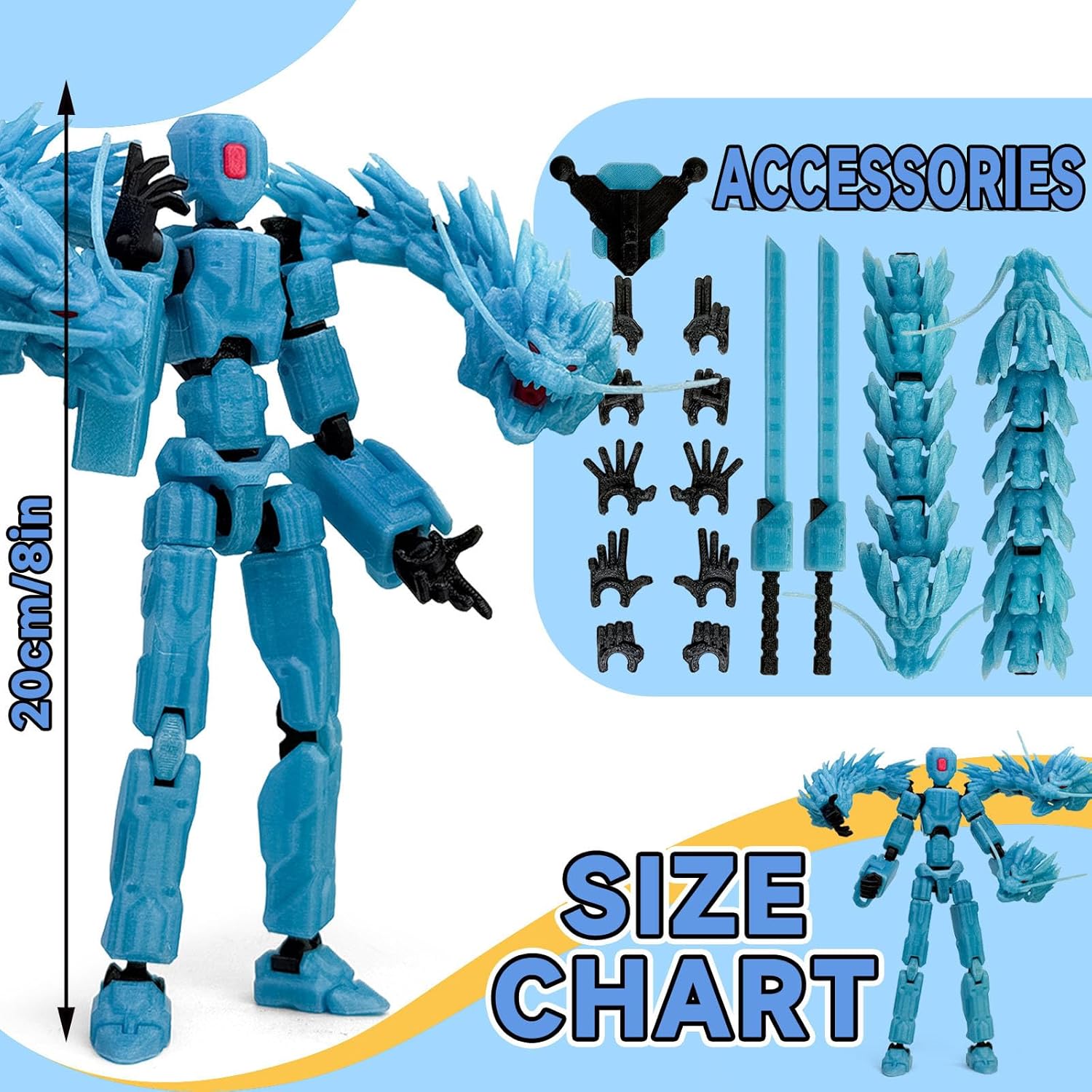 8inch T13 Assembly Completed Action Figure Set,T13 Multi-Jointed Movable There is a 3D Printed Dragon on his Body,for Collectors Desktop Decorations t-13 Movability 3D Printed Toys (Blue Hair Blue)