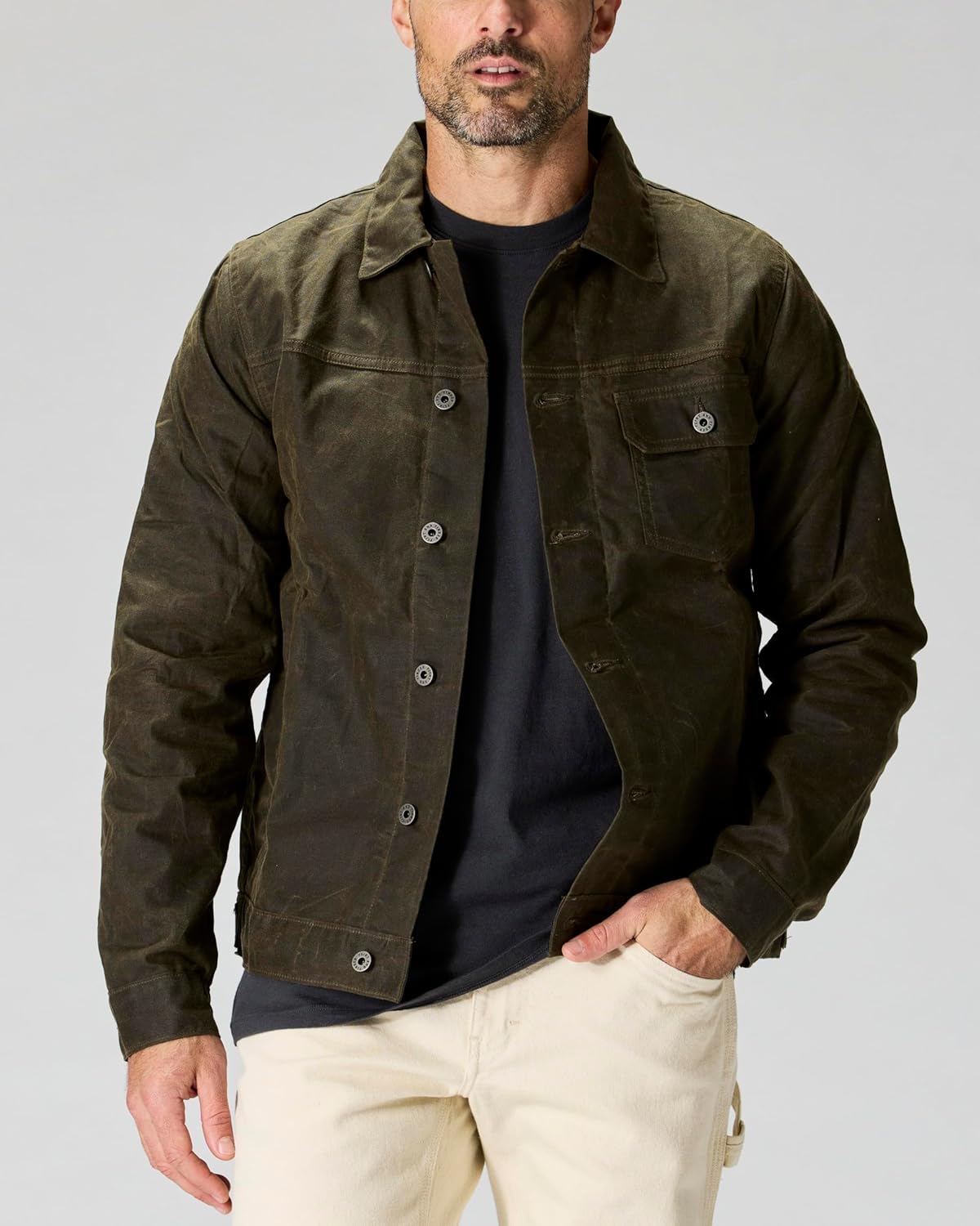 Huckberry Flint and Tinder Men's Flannel-Lined Waxed Trucker Jacket, Water & Weather Resistant Mens Jacket - Image 2
