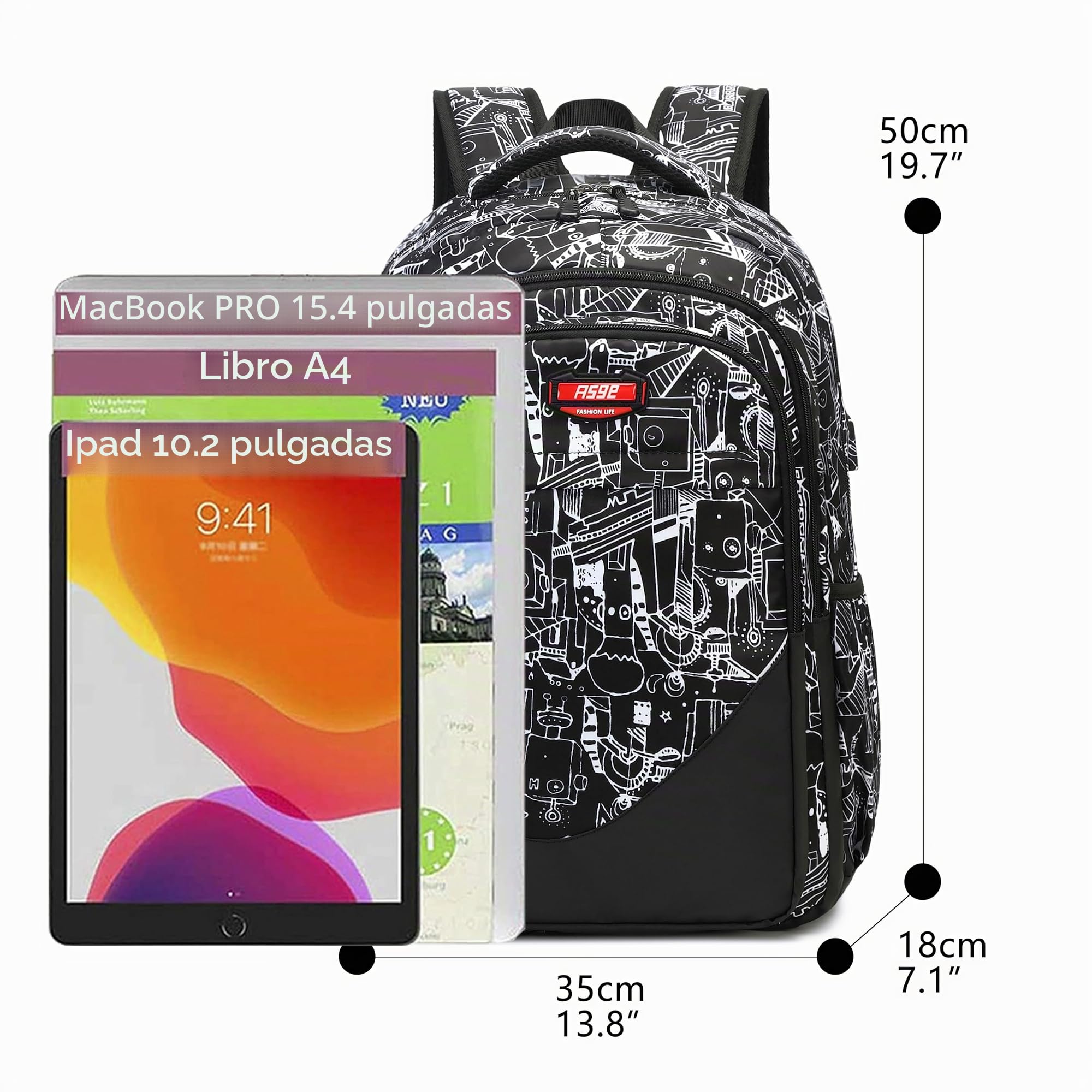 Asge Mochila Escolar Grande Bolsas de Nylon para Niños y Adolescentes de 8-16 Años con Impresión Impermeables