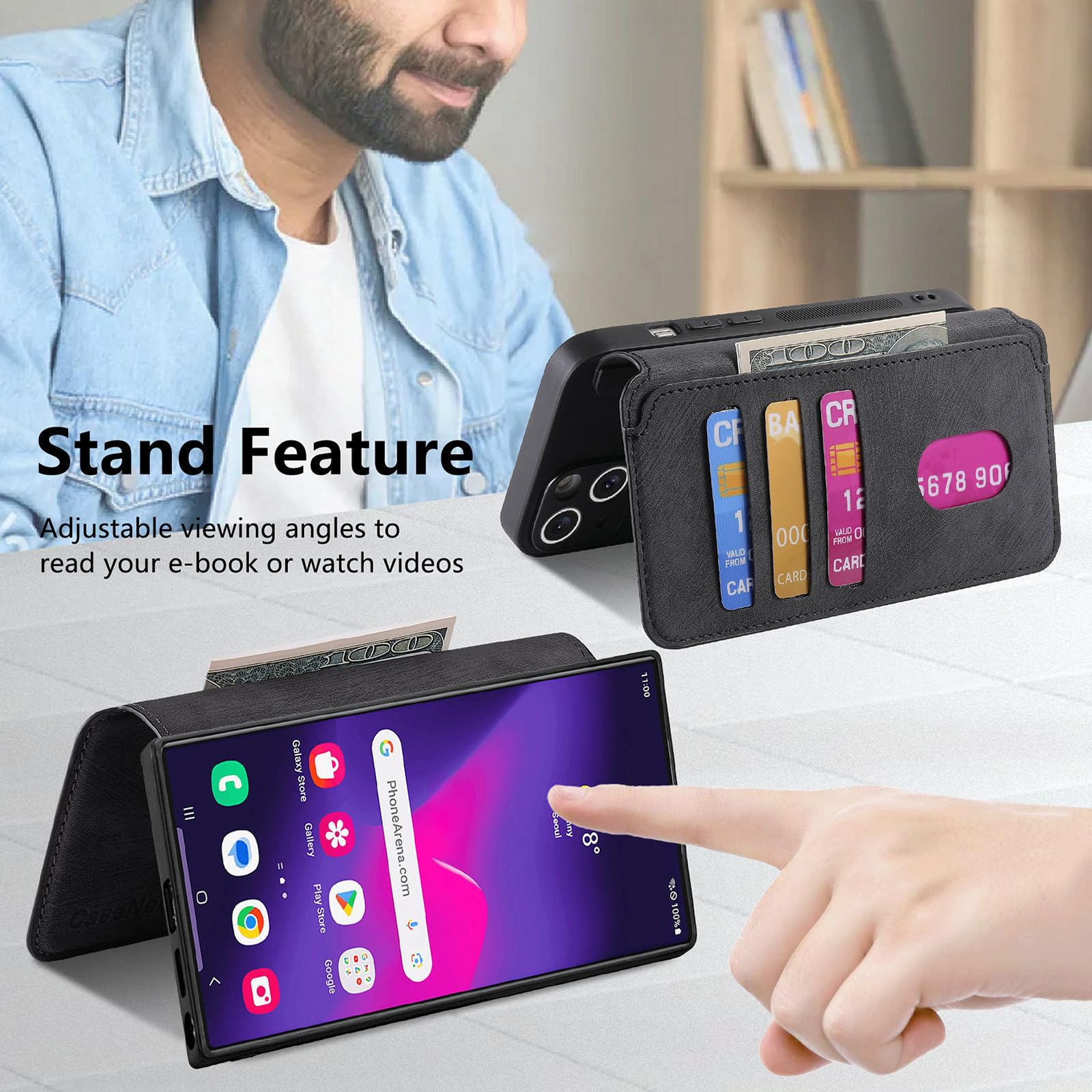 Etui z klapką do Samsung Galaxy S25 Ultra/S25 Plus/S25, ultracienkie magnetyczne etui na telefon etui na karty blokujące RFID, skórzane etui, czarne, S25 Ultra