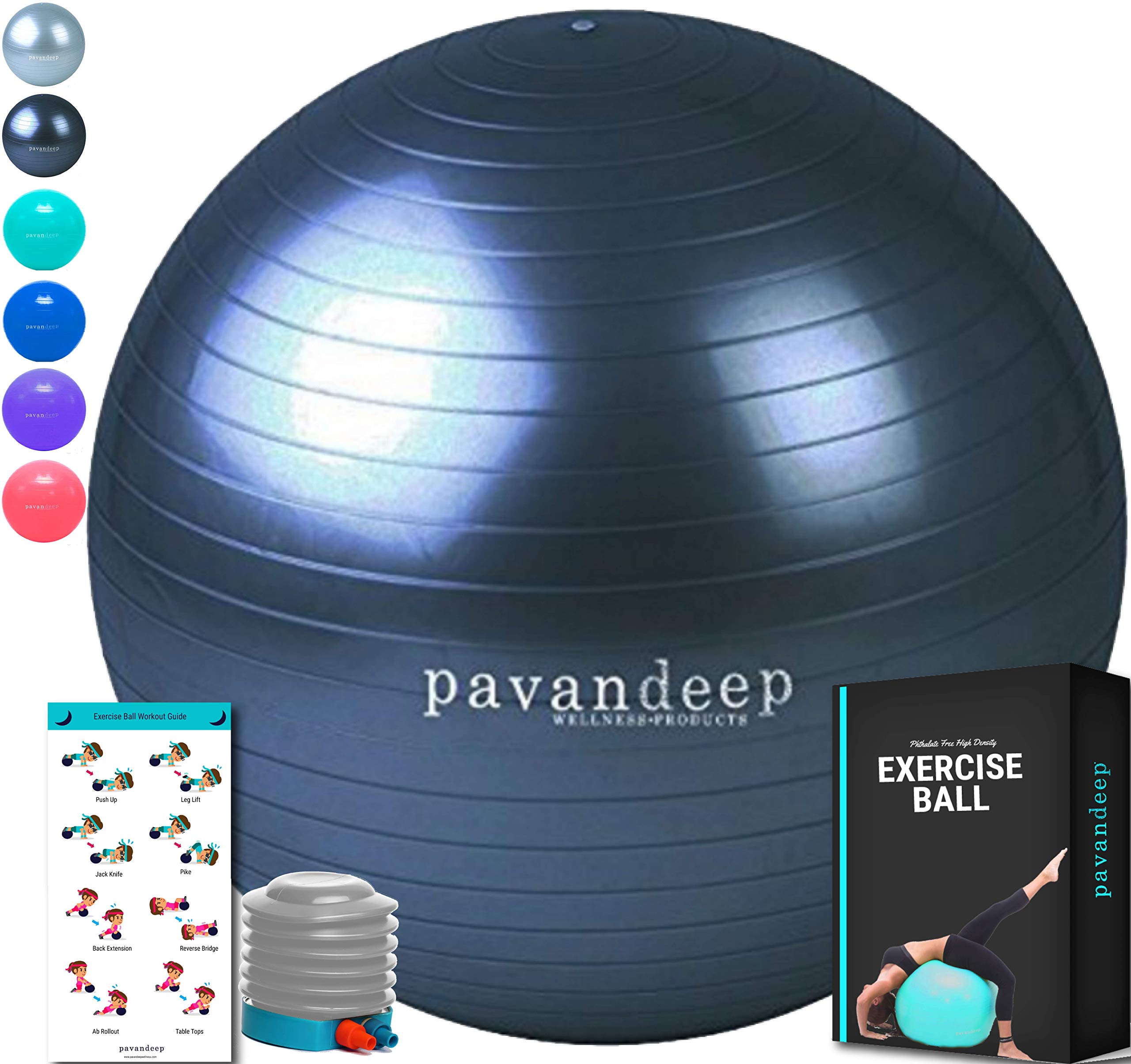 2000lbs Exercise Stability Ball By Pavandeep Anti Burst Perfect for Pilates Yoga Gym Fitness Fitballing | Use As Desk Chair | Pump Included | Phthalate FREE (Charcoal, 65cm)