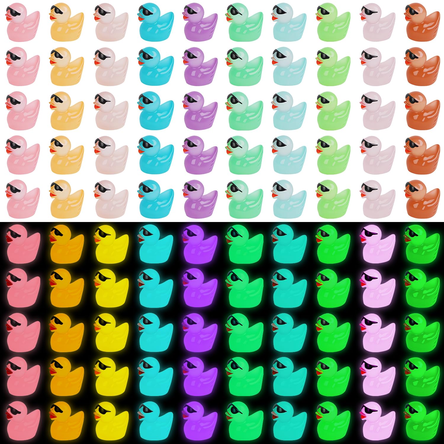 KIPEREE Mini Glow in The Dark Ducks with Sunglasses - 100 Pcs Luminous Plastic Ducks, 10 Colors for DIY Projects & Decorations