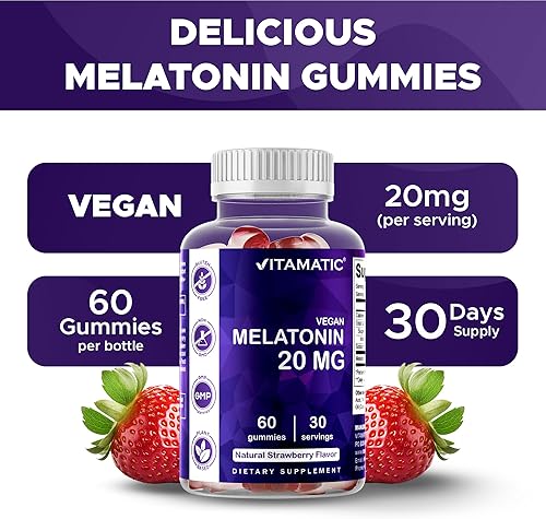 Miniatura 10 de Vitamatic Gomitas de melatonina de 20 mg para adultos, 30 porciones, 60 gomitas vegetarianas, suplemento que no forma hábitos (60 gomitas (paquete