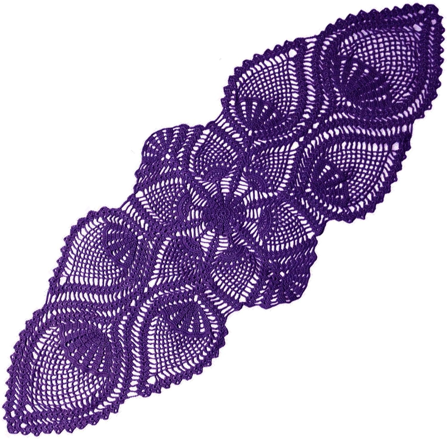 BIBITIME Crochet Lace Doily Kitchen Table Runner Oval Petal Flower Tablecloth Glasss Vase Mat Christmas Placemat (15 in x 50 in, Dark Purple)