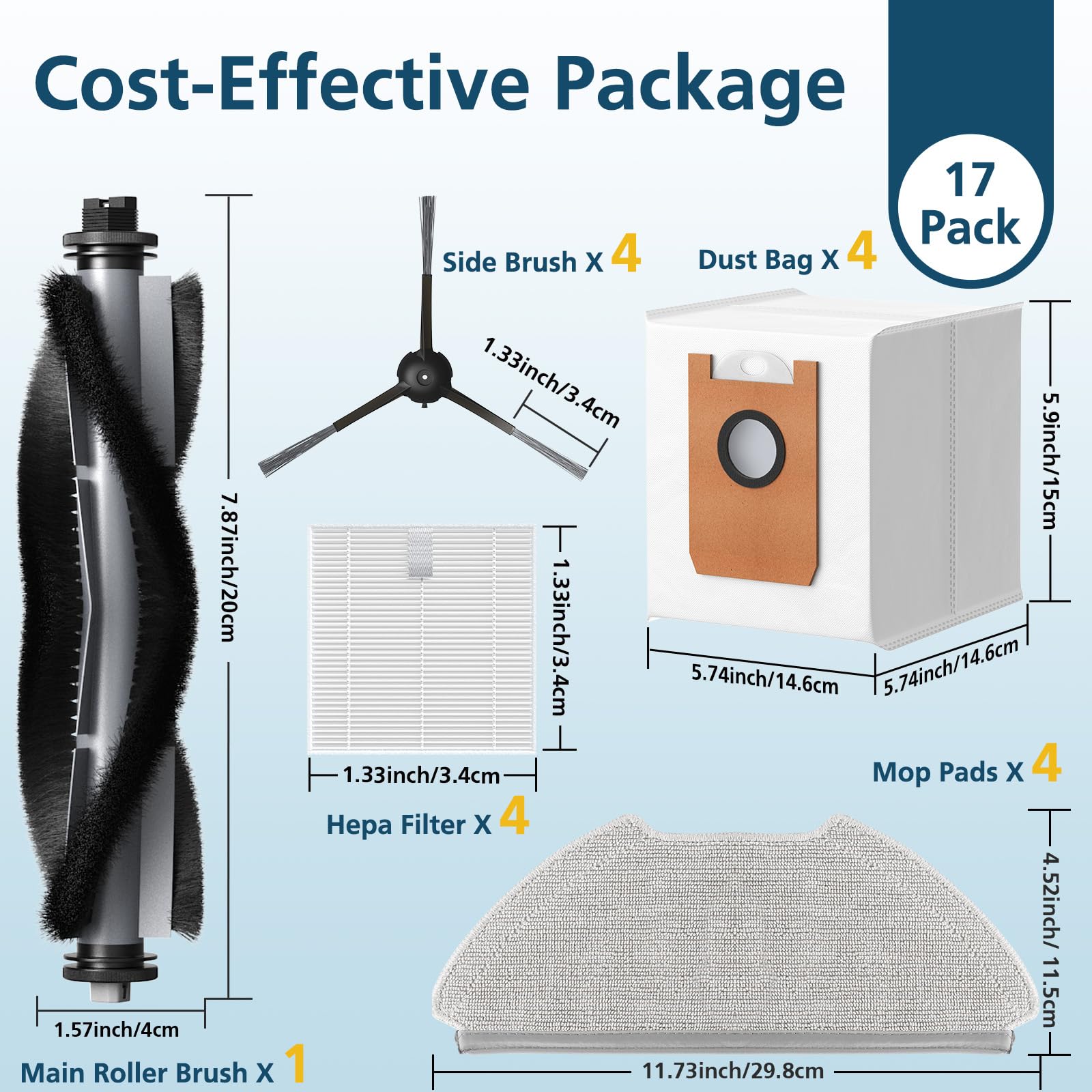 Kit D'accessoires De Rechange Pour Aspirateur Robot Airrobo T20+, 17 Pièces D'aspirateur, 1 Brosse Rouleau Principale, 4 Filtres HEPA + 4 Serpillères + 4 Sacs à Poussière + 4 Brosses Latérales
