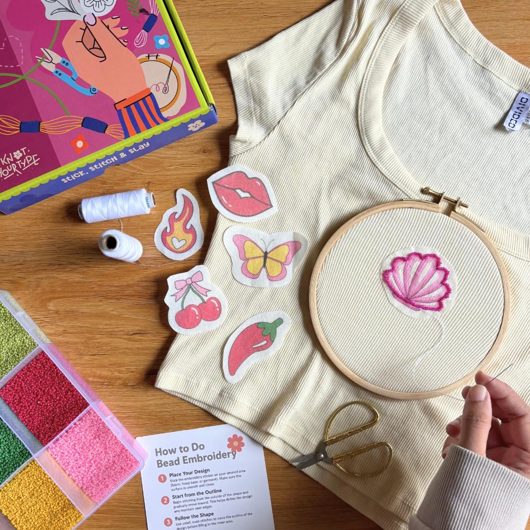 KNOT YOUR TYPE Bead Embroidery DIY Kit for Beginners | Hand Embroidery Kit with Beads, Hoop & Complete Stitching Materials | Creative Art & Craft Gift Set for Adults