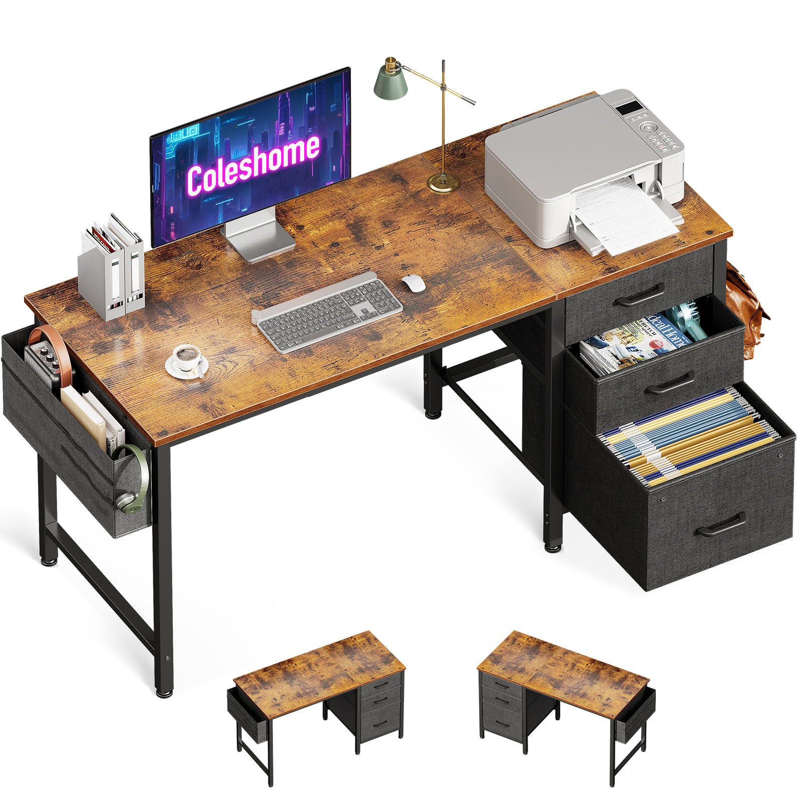 Coleshome Escritorio con 3 Cajones de Tela, Mesa Escritorio de Espacio con Soporte para Auriculares y Bolsa de Almacenaje, Escritorio Ordenador Reversible para Oficina en Casa (Marrón, 120x48cm)