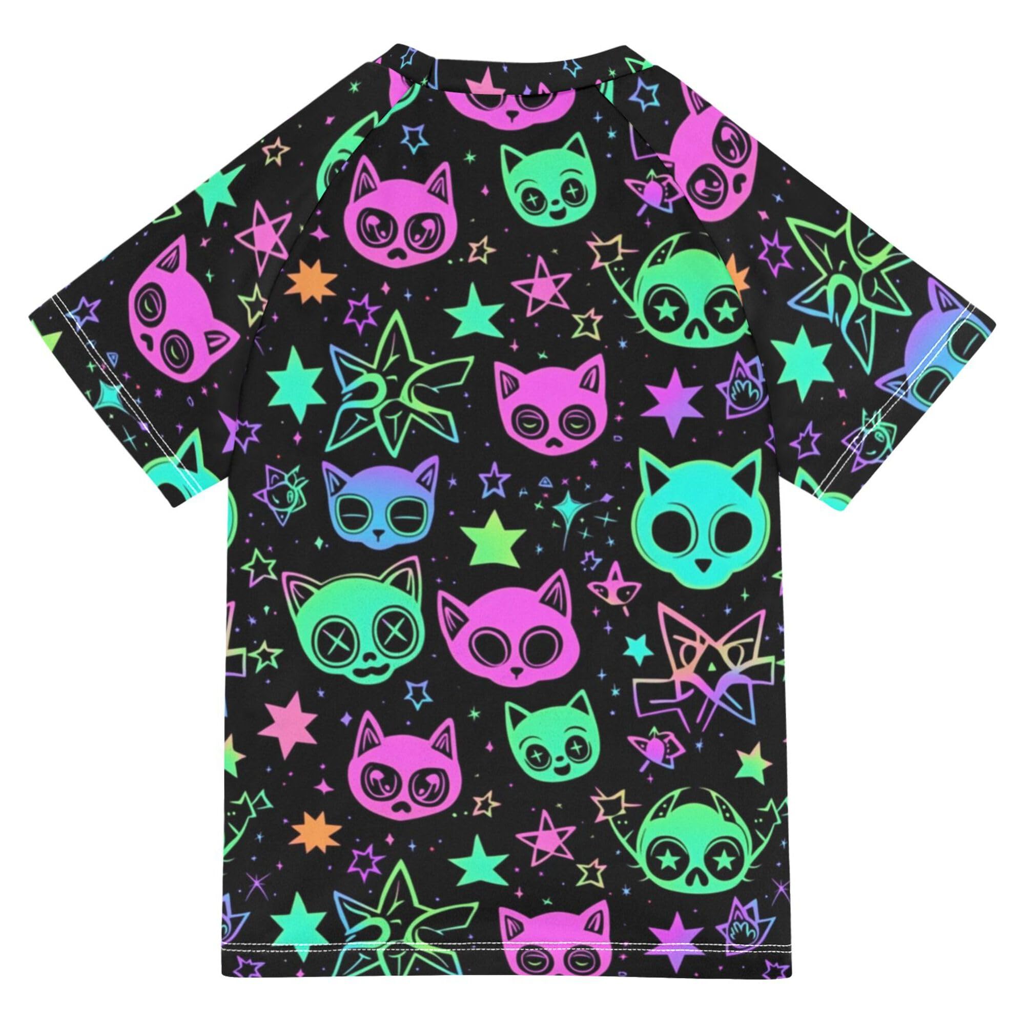 Cute Cartoon Witchcraft Cats Bright Bathing Suit Girls Short Sleeves Activewear Swimwear Beach Tops 3T