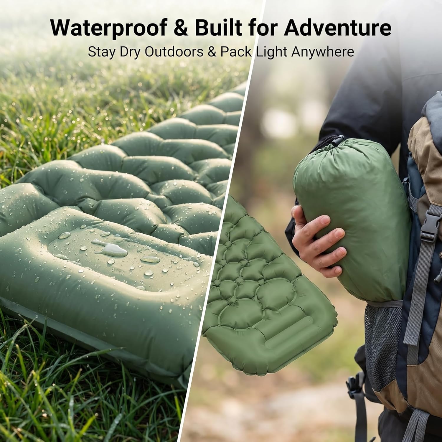 Sleeping Pad, 4” Thick Backpacking Sleeping Pad with Built-in Foot Pump & Pillow, Ultralight Self Inflating Air Mattress Camping Mat for Hiking, Tent,Travel Gear (Green)
