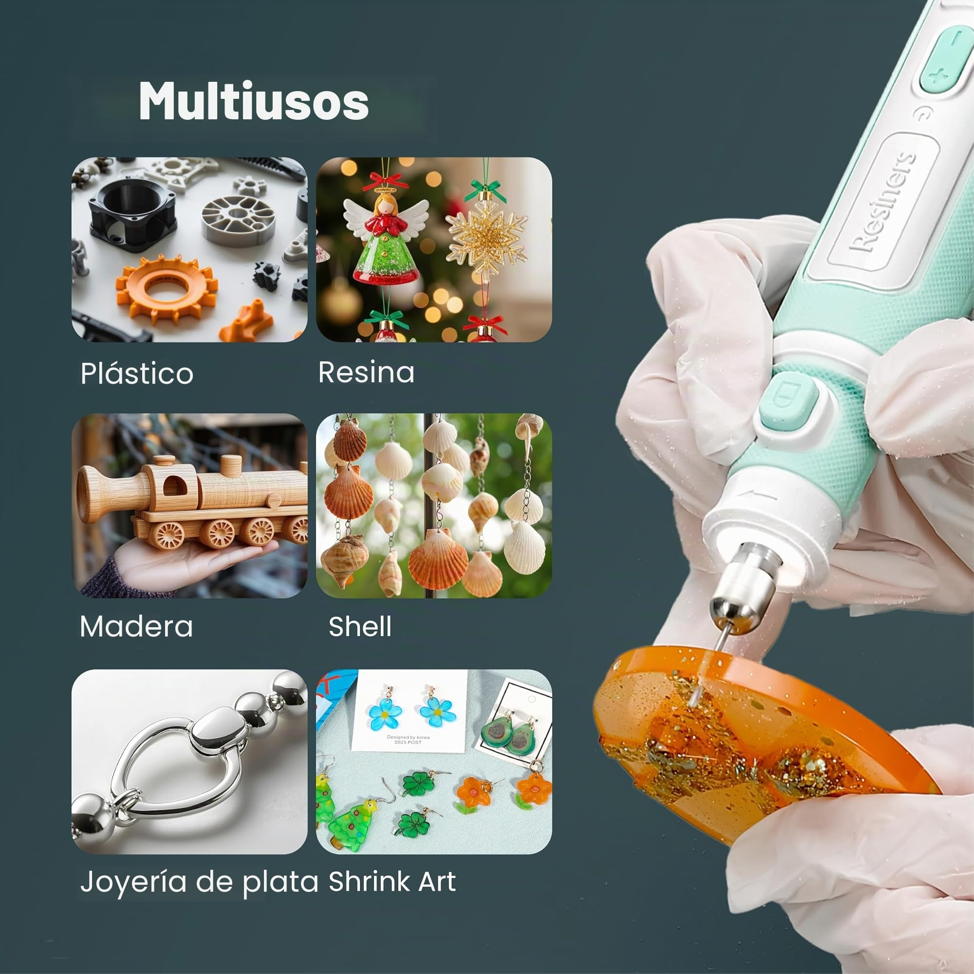 Resiners Juego de herramientas giratorias con batería, juego de brocas de resina, 8 niveles ajustables, 15 piezas eléctricas para hacer joyas para taladrar, pulir, lijar y lijar manualidades