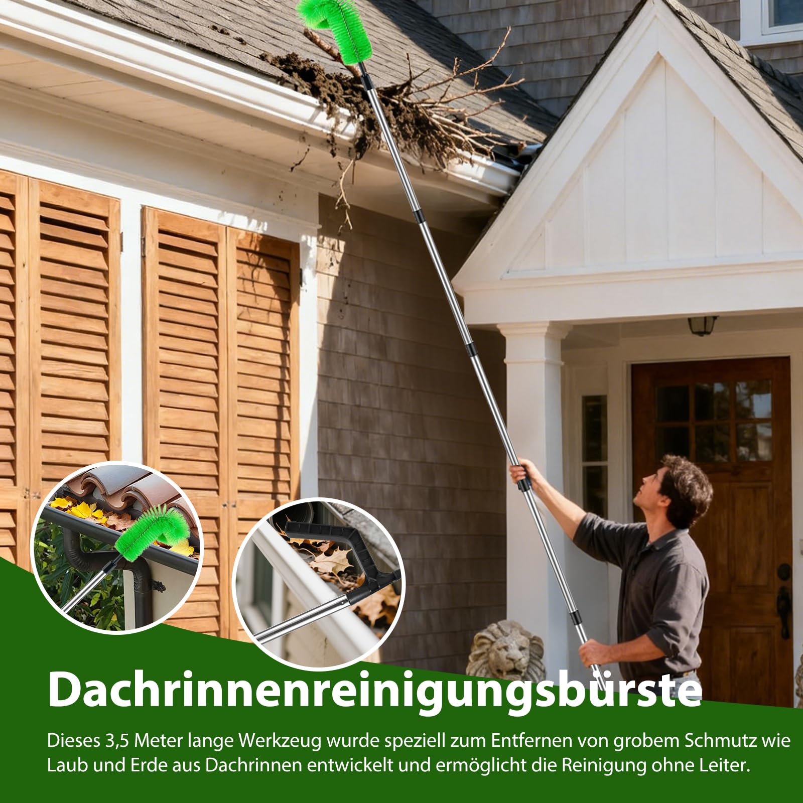 ACESOME Dachrinnenbürste 350cm Dachrinnenreiniger, Dachrinnen Reinigung, Teleskop Tachrinnenreiniger Leicht zu Zerlegen, für Reinigen von Blättern Schmutz Fenstern Dachrinnen Kronleuchtern (2 Bürsten)