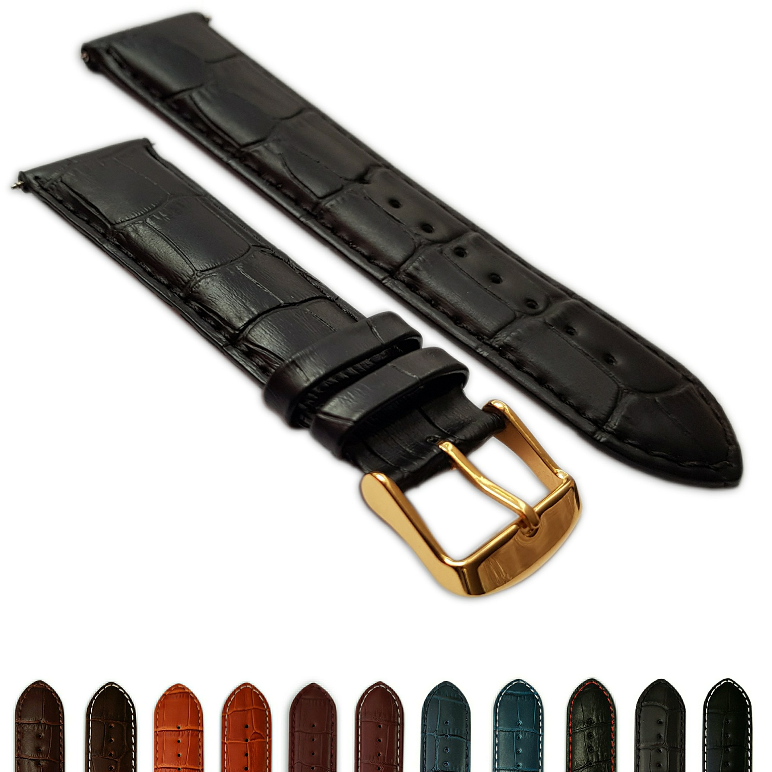 16mm Black Genuine Leather Mock Croc Watch Strap Band Mens Crocodile Padded Gold Buckle