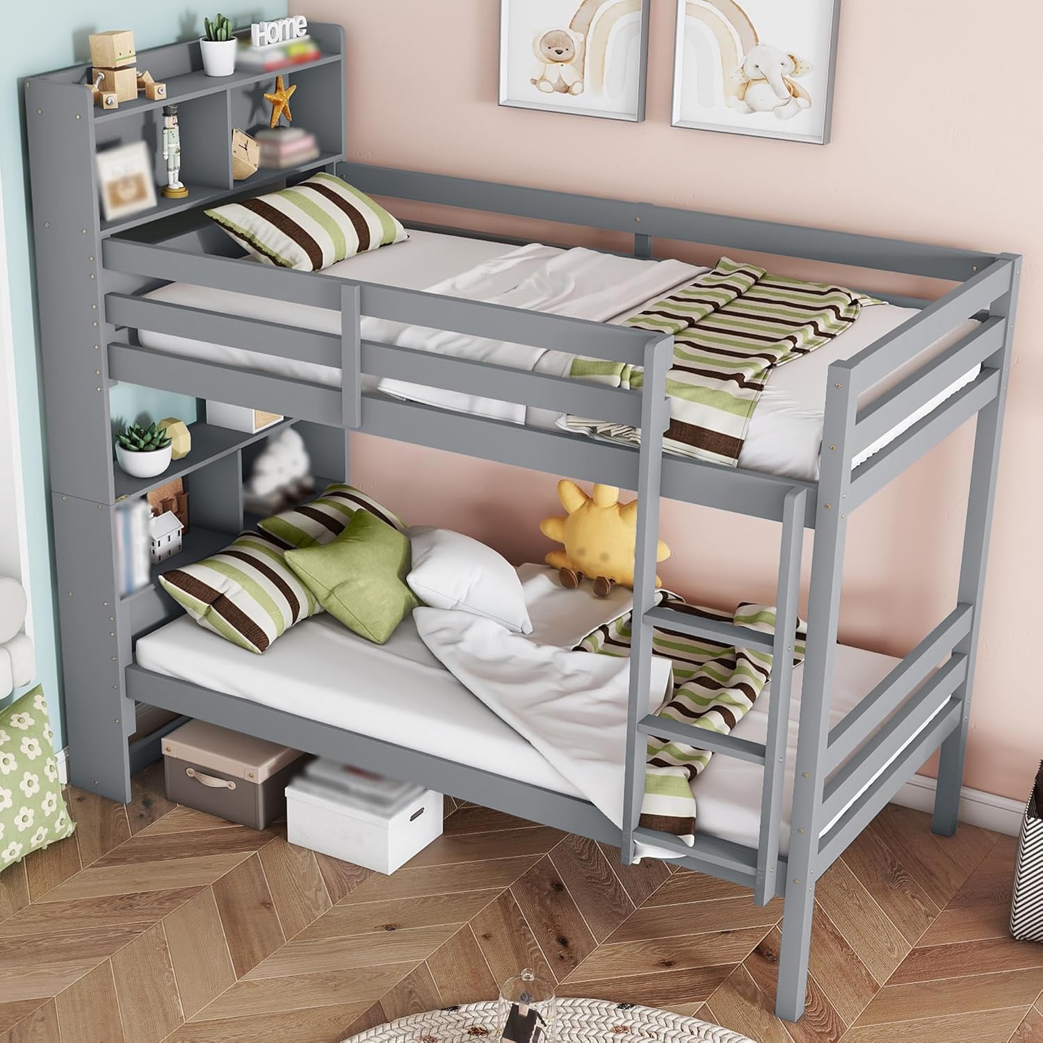 Twin Over Twin Bunk Bed, Modern Wooden Bunk Bed with Storage Bookcase Headboard, Safety Guardrails and Ladder, 2-in-1 Convertible Platform Bed Frames, Space-Saving Design, No Box Spring Needed, Grey