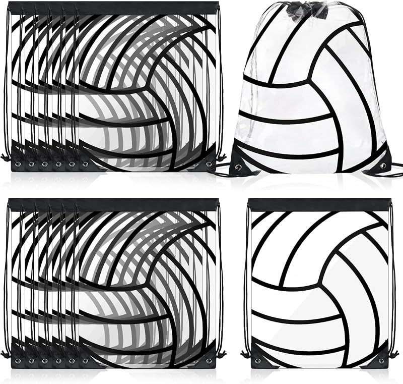 Shinylin 12 Pcs Clear Drawstring Bags Gift Packaging Party Favor Bags Drawstring Backpack Adjustable for Men Women Sports (Classic Volleyball)