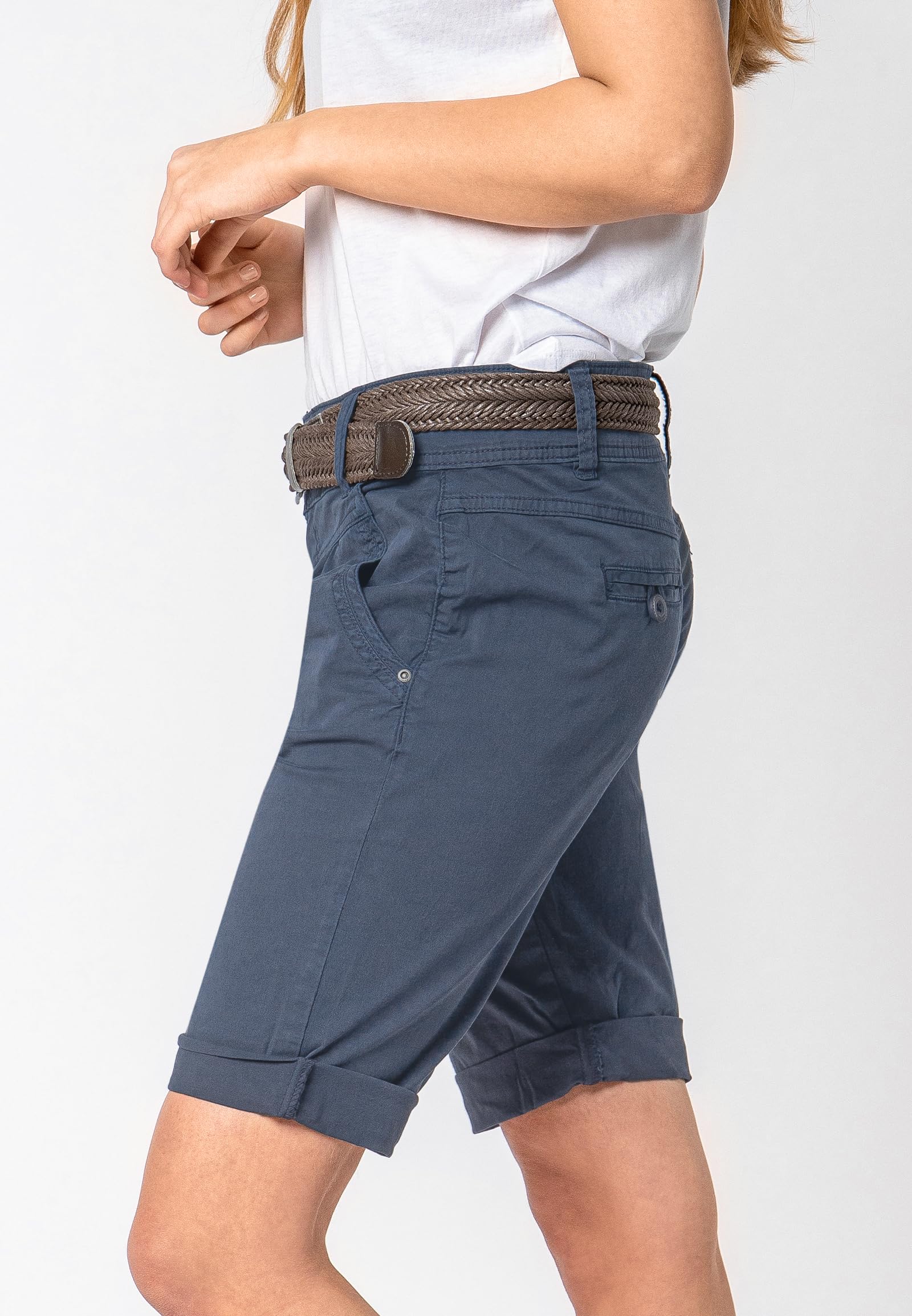 FRESH MADE Damen Bermuda-Shorts im Chino Style mit Gürtel Baumwoll Stretch Twill